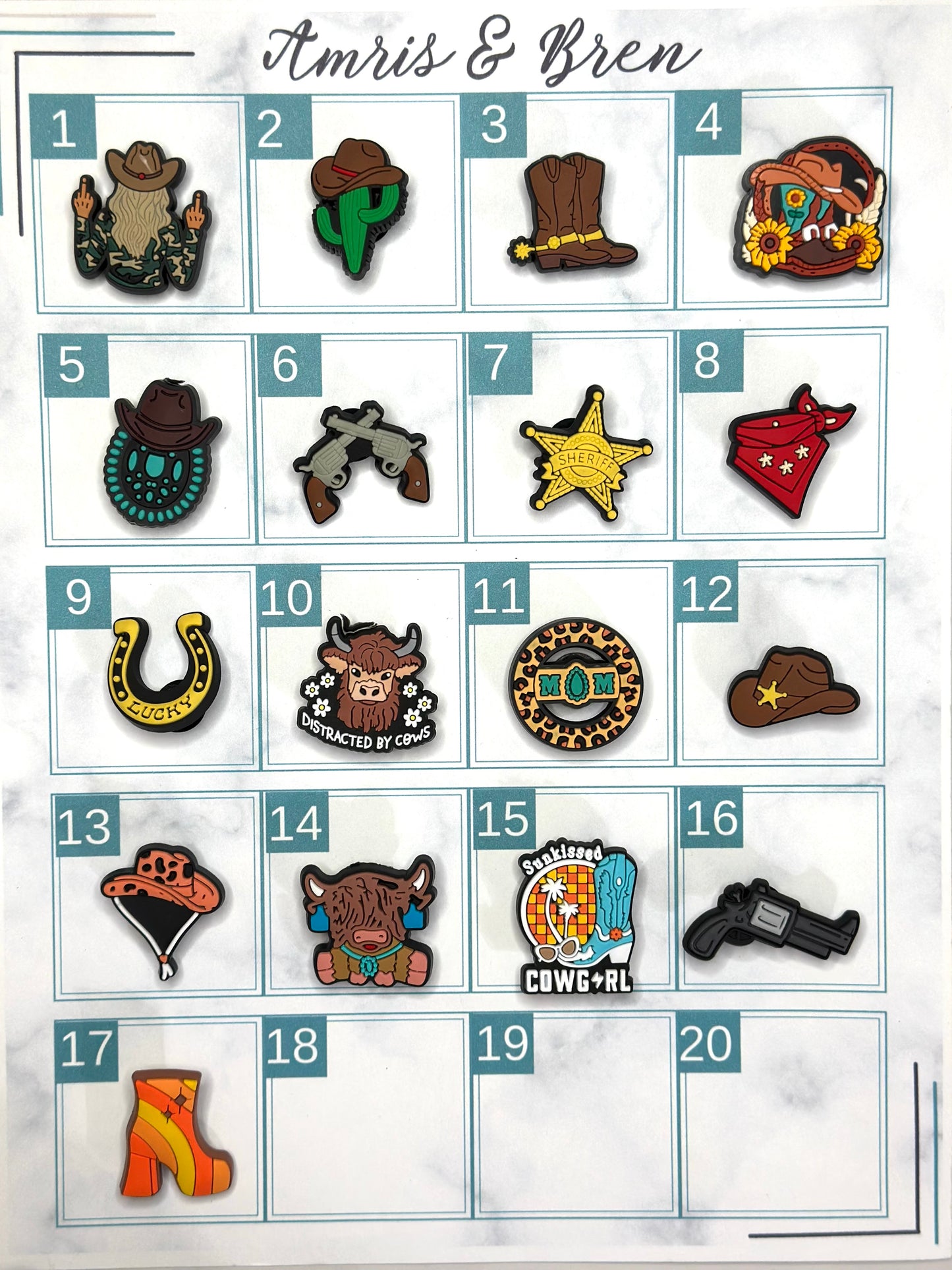 Western cowgirl themed shoe charms, Cowboy Croc compatible charms, cow shoe charms for Crocs