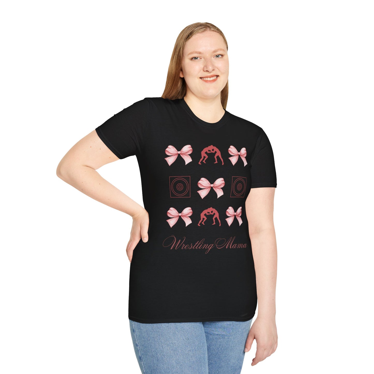 Women's wrestling mama Graphic T-Shirt with Pink Bow Print