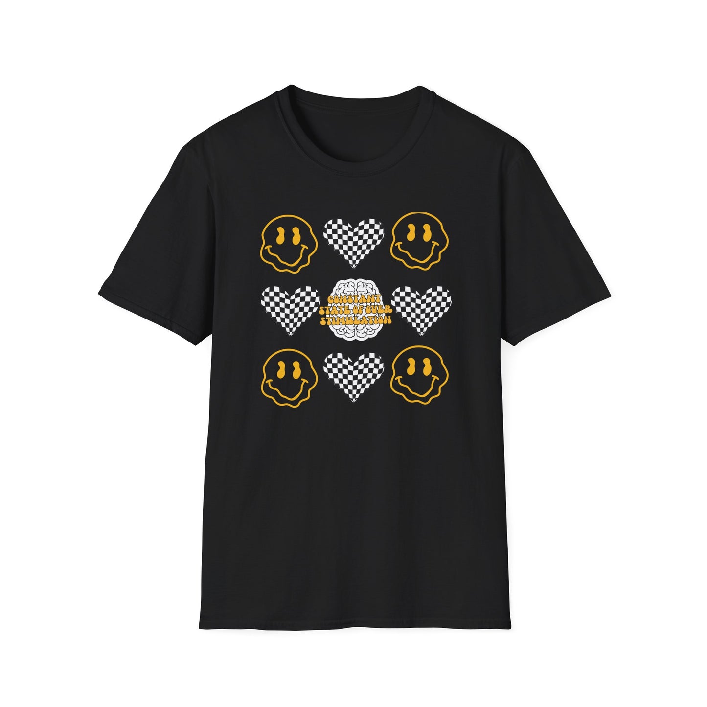 Smiley Face Constant Stimulation Unisex T-Shirt - Yellow, Black, White