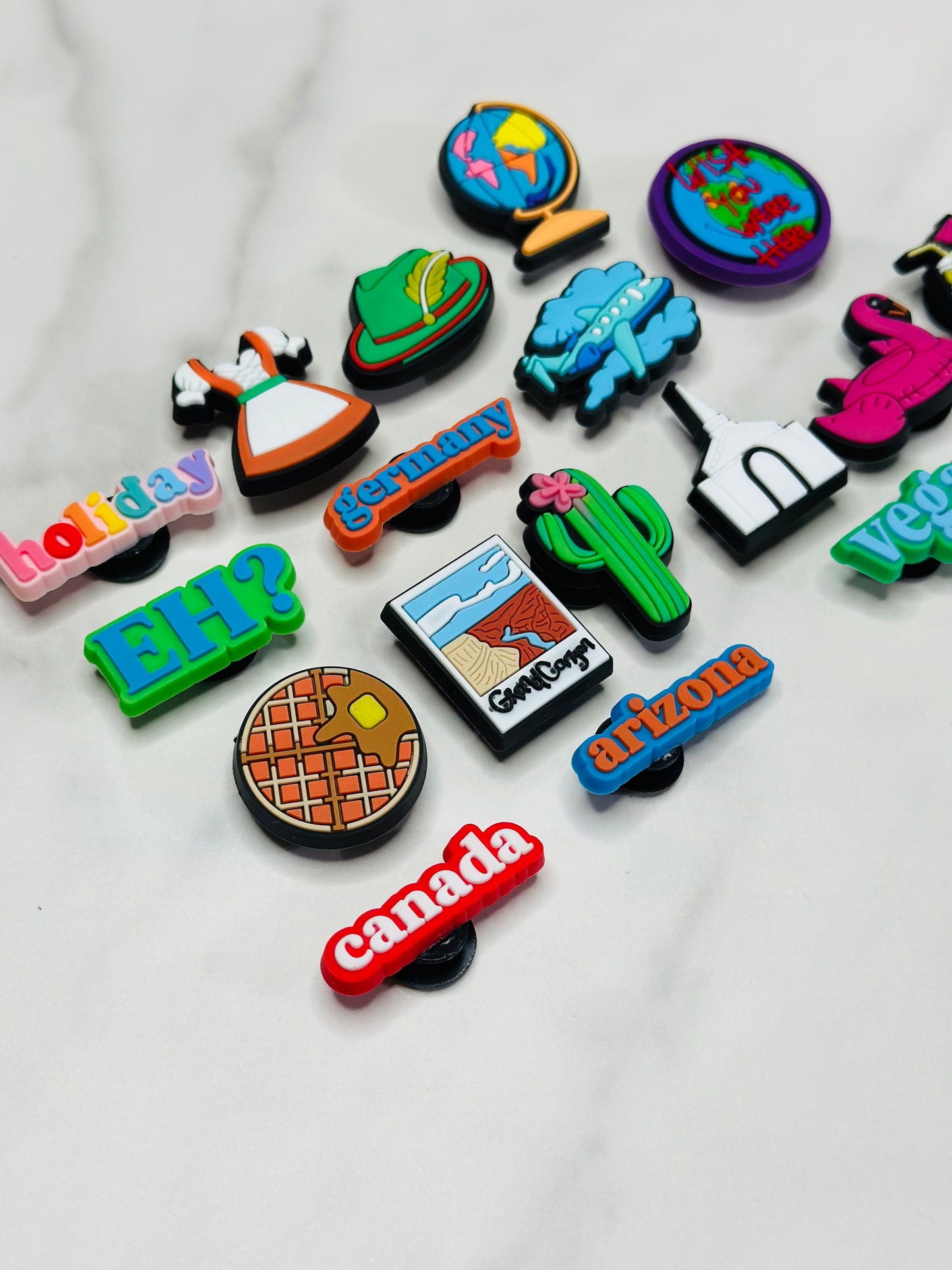 Travel-Themed Croc-Compatible Charms – Individually Sold Waterproof Designs (Germany, Arizona, Canada, Vegas & More)