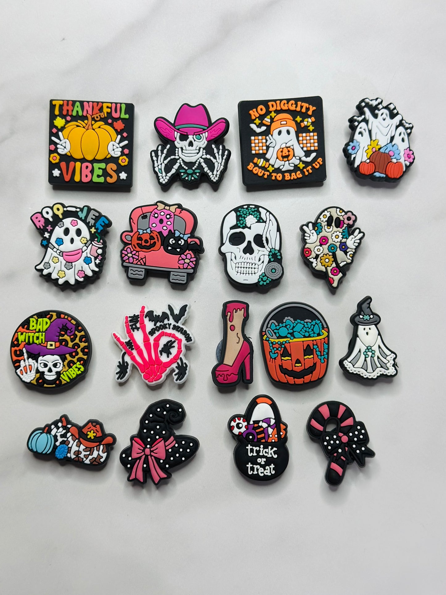 Girly Halloween themed charms for Crocs, Croc compatible charms, pink and turquoise ghost charms, ghost charms, spooky charms