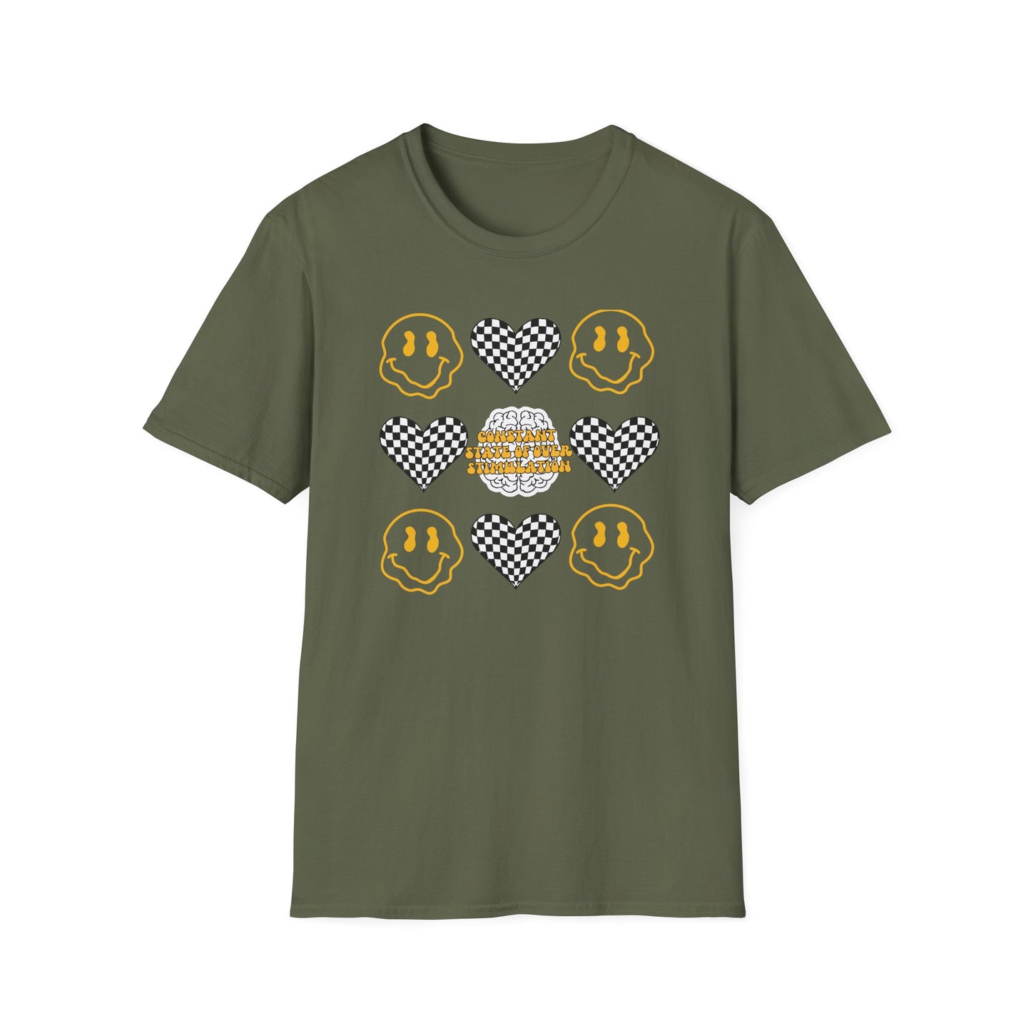 Smiley Face Constant Stimulation Unisex T-Shirt - Yellow, Black, White