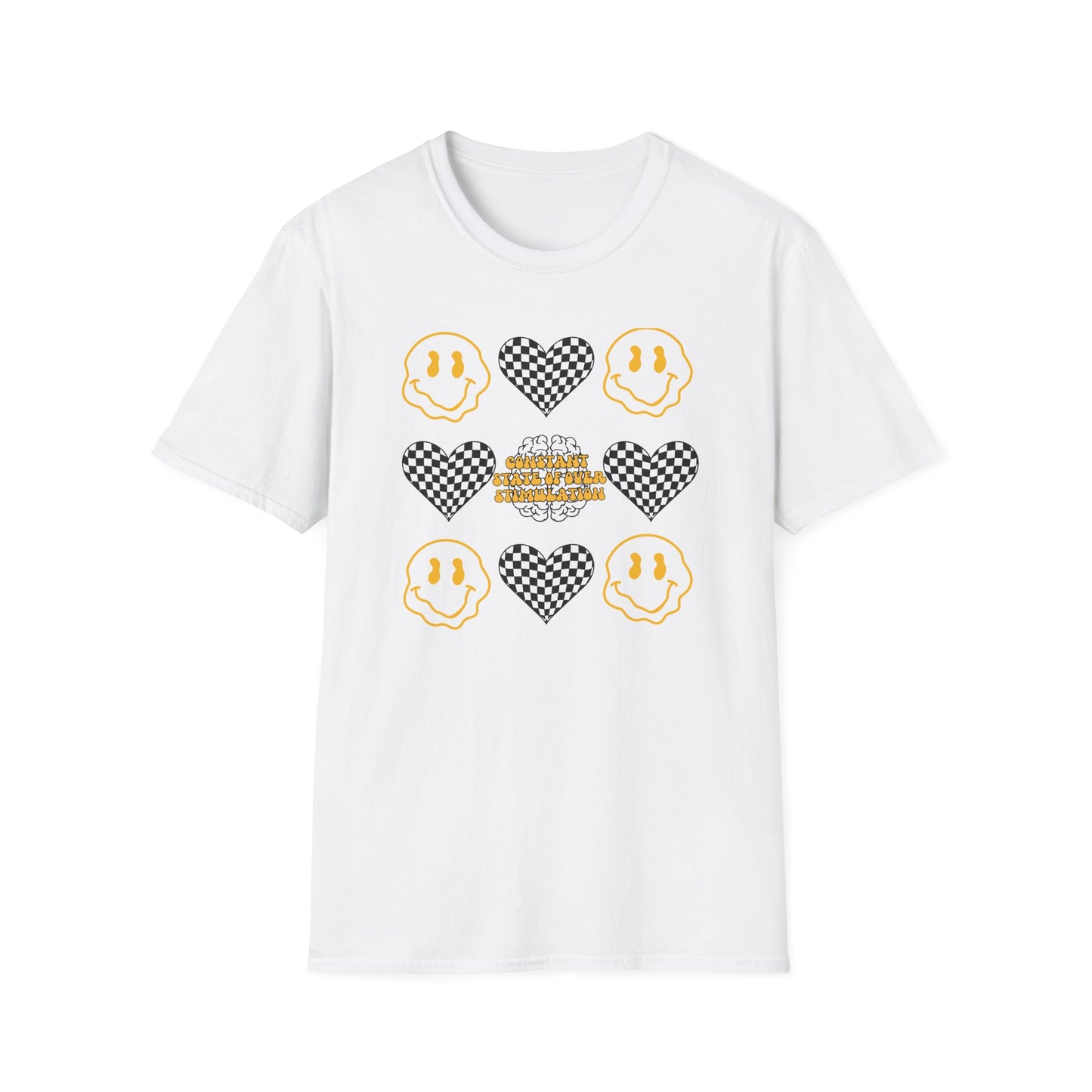 Smiley Face Constant Stimulation Unisex T-Shirt - Yellow, Black, White