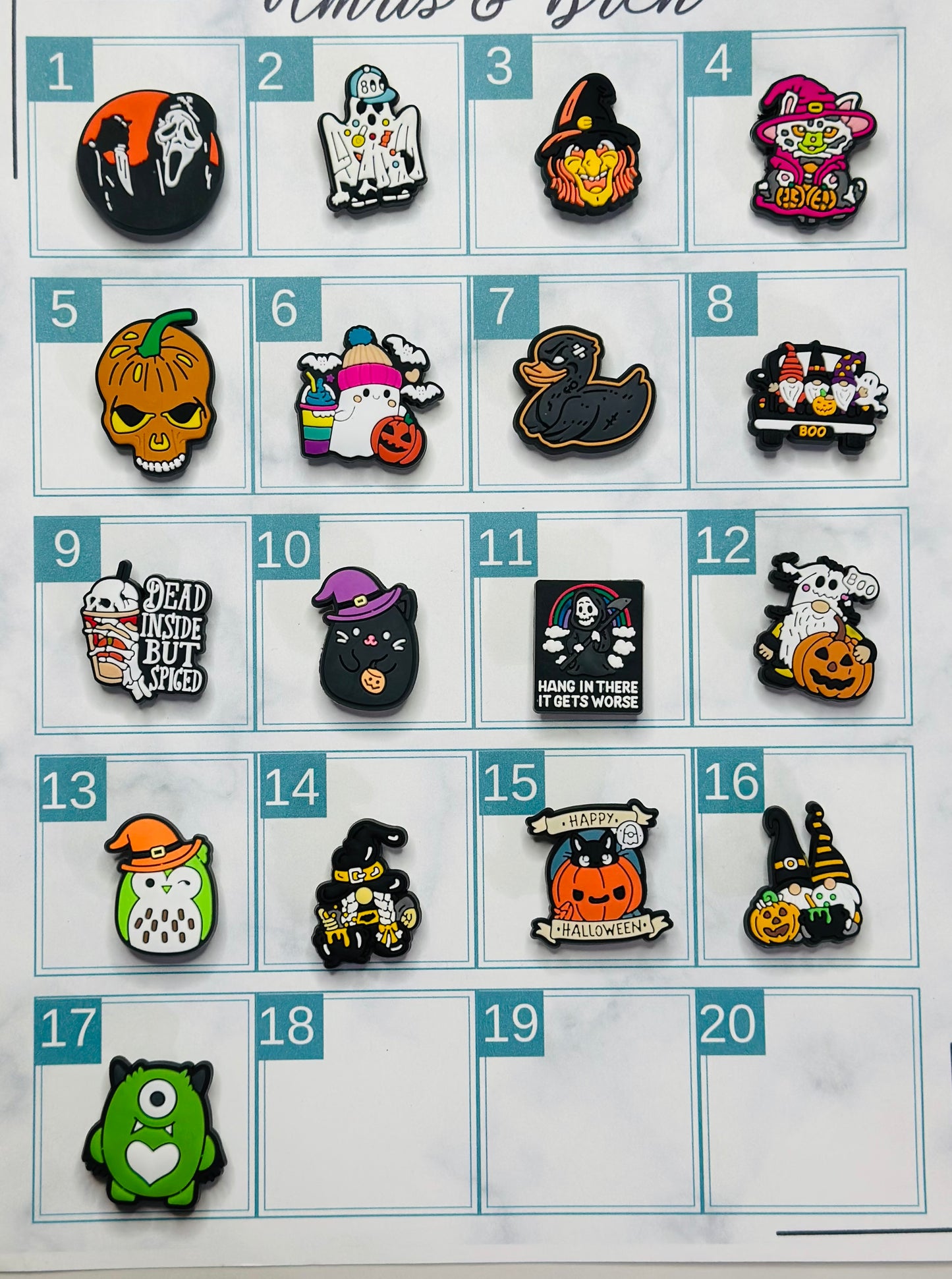 Halloween themed shoe charms for Crocs, Croc compatible diy fall shoe decor, ghosts, pumpkins, skulls, and more