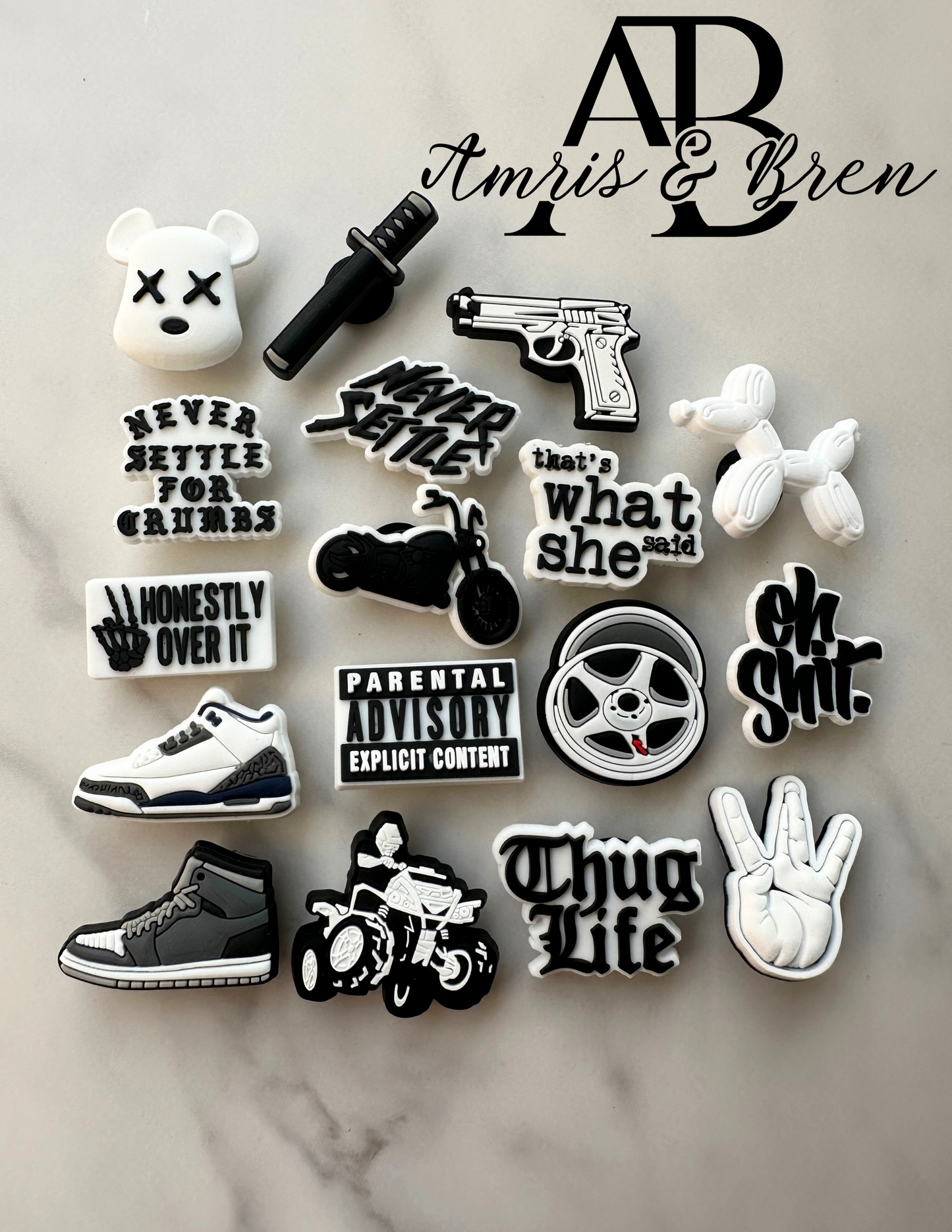 Black, white and grey Croc Compatible Charms | Unisex Croc Accessories | Stylish & Versatile