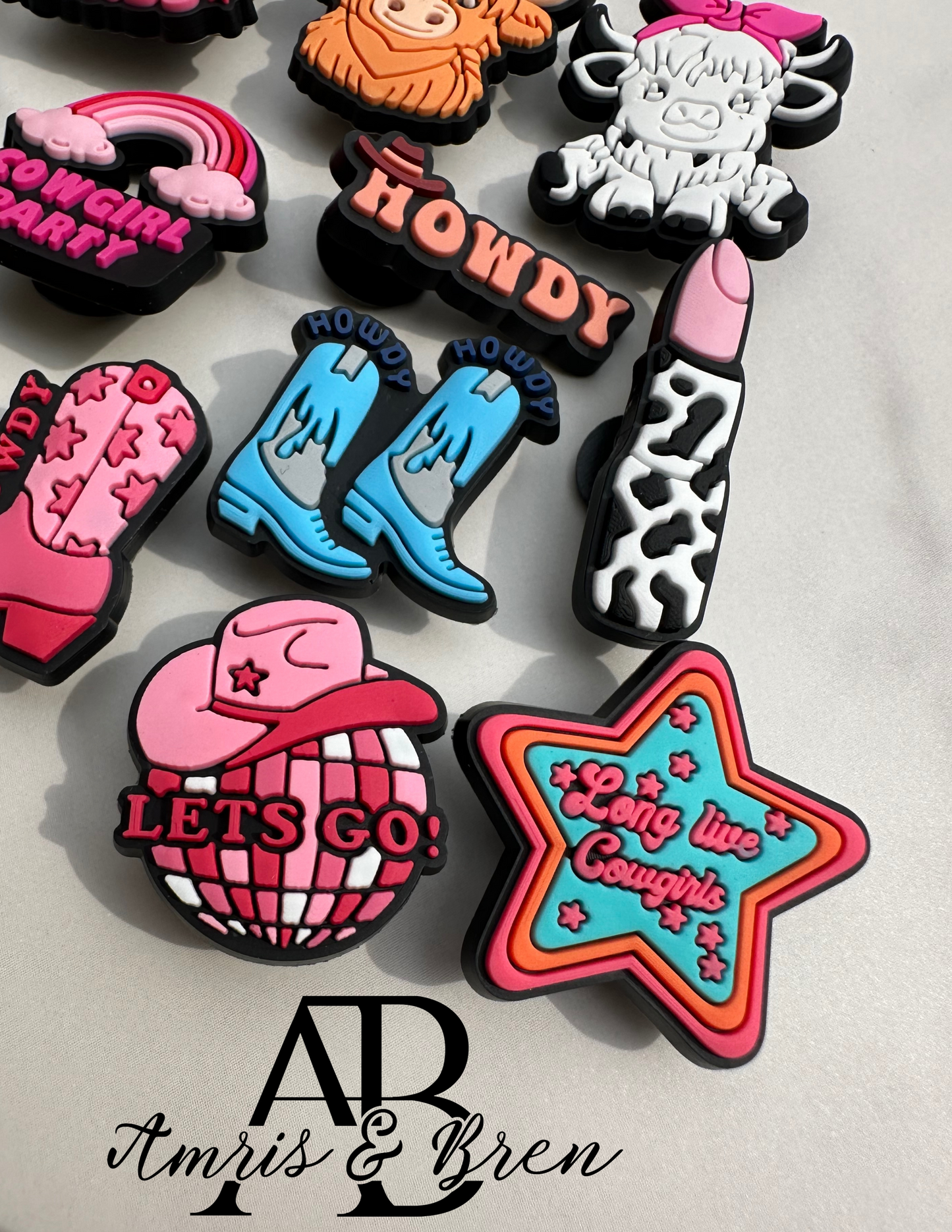 Cute Pink Western Croc compatible Charms | Fun Western Theme | Bell Bottoms, Cows & Cowboy Hats