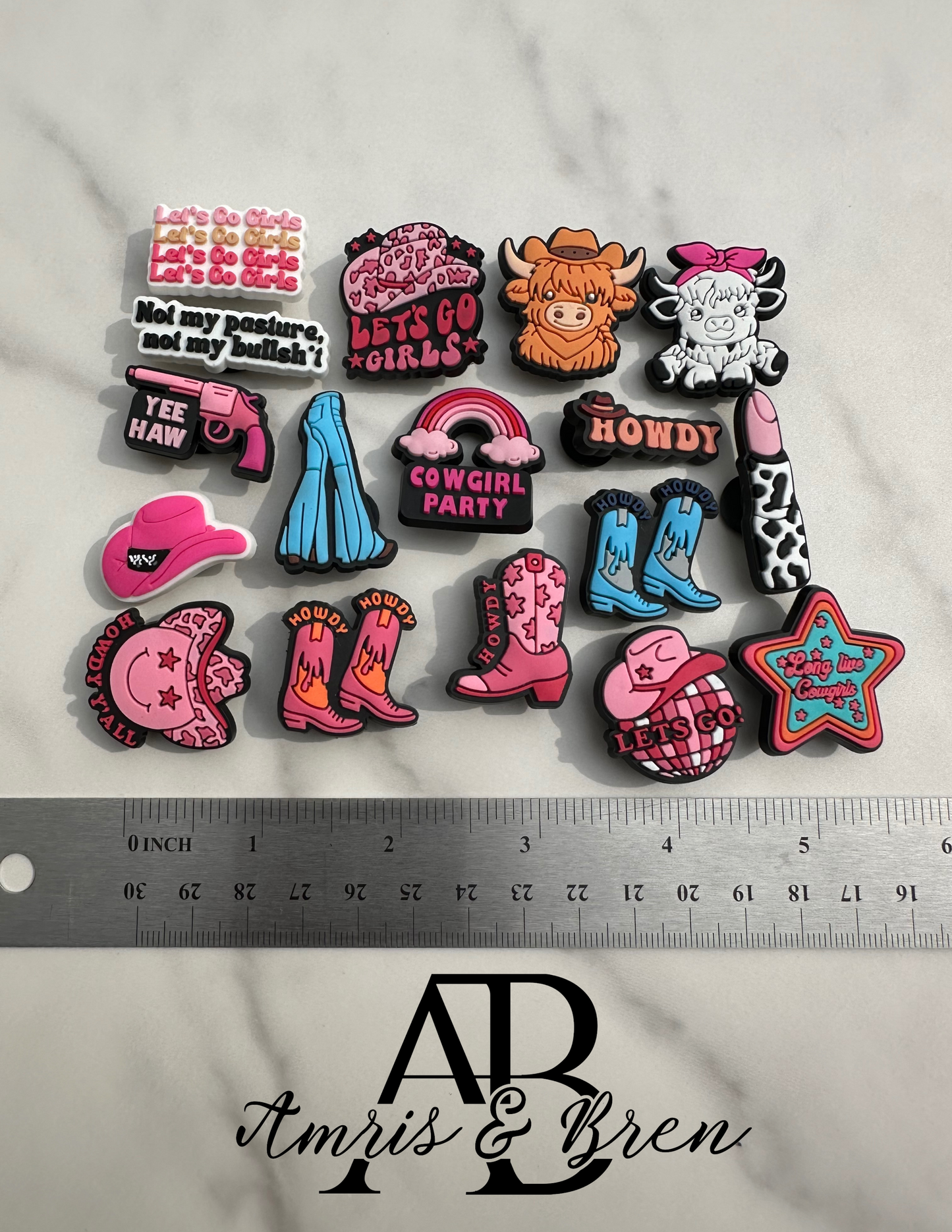 Cute Pink Western Croc compatible Charms | Fun Western Theme | Bell Bottoms, Cows & Cowboy Hats