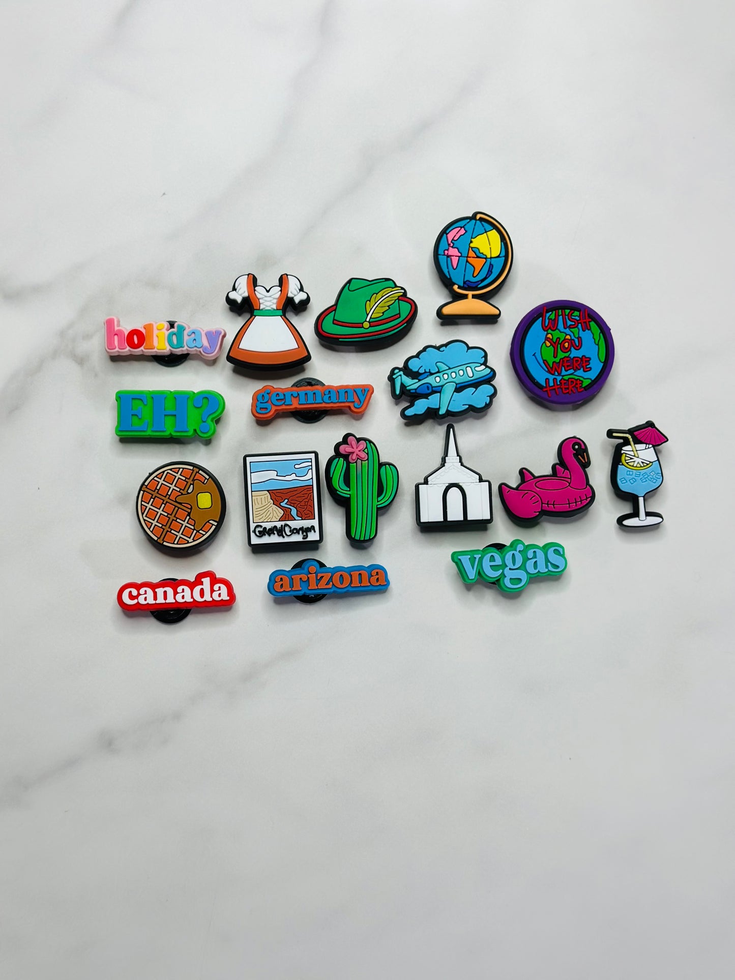 Travel-Themed Croc-Compatible Charms – Individually Sold Waterproof Designs (Germany, Arizona, Canada, Vegas & More)