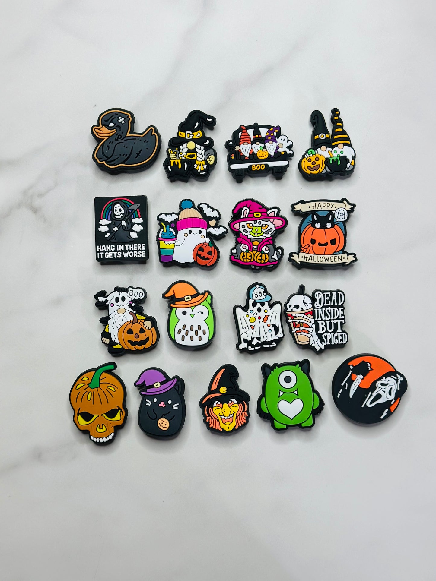 Halloween themed shoe charms for Crocs, Croc compatible diy fall shoe decor, ghosts, pumpkins, skulls, and more