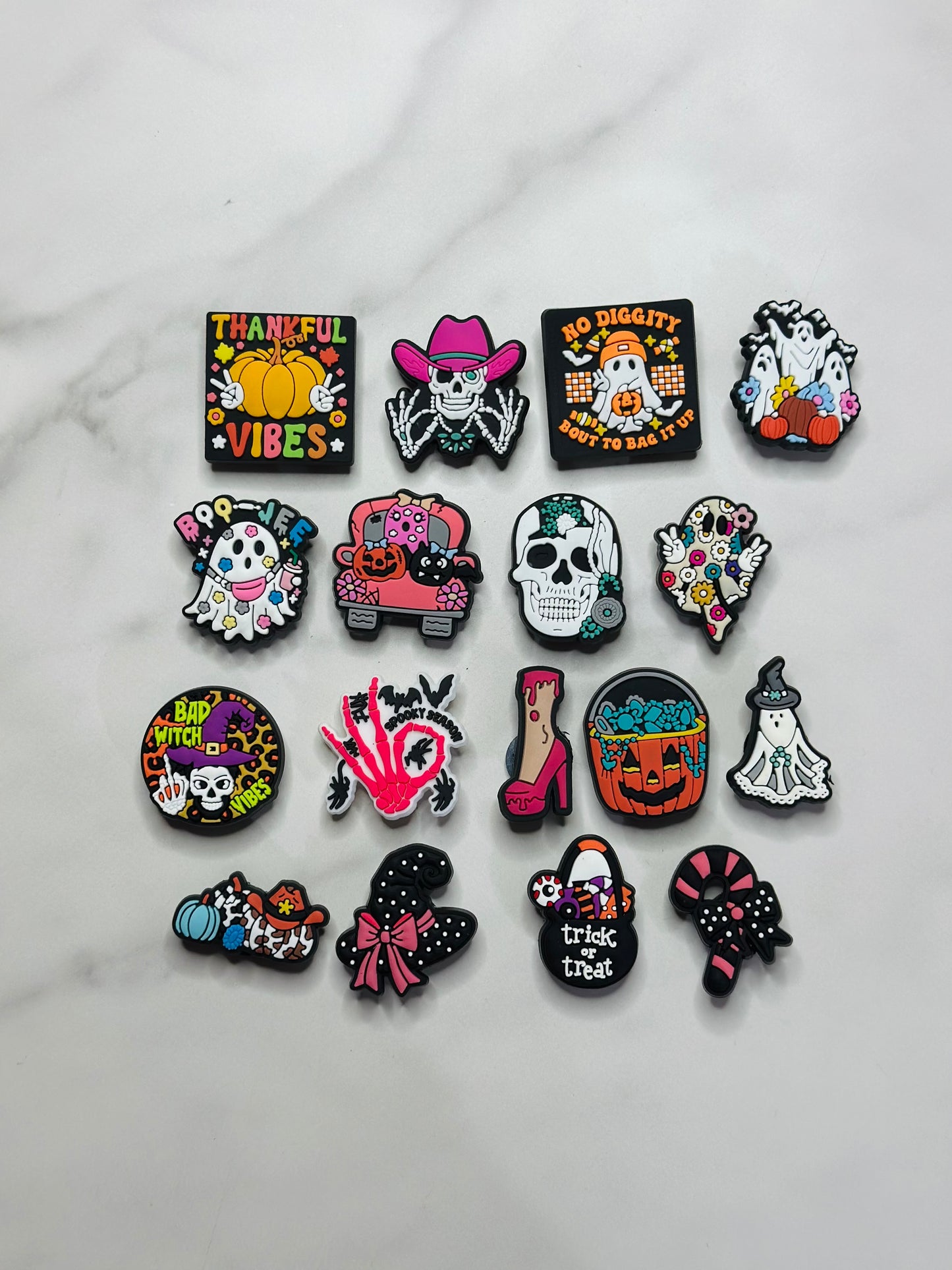 Girly Halloween themed charms for Crocs, Croc compatible charms, pink and turquoise ghost charms, ghost charms, spooky charms