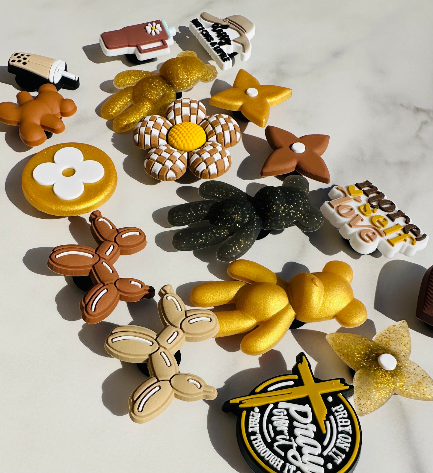 Gold and Brown Croc compatible Charms - Flowers, Balloon Animal, Hearts & More