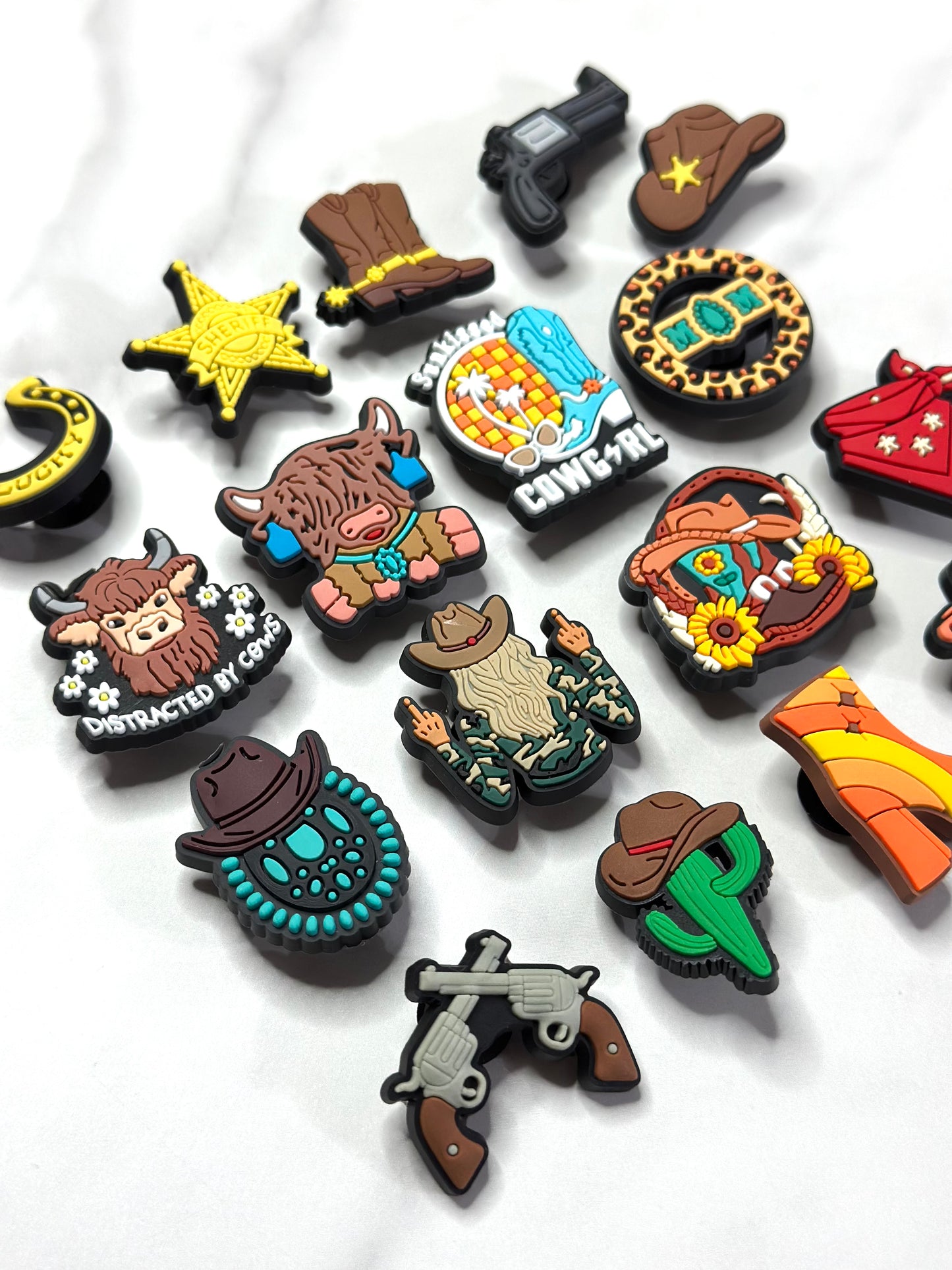 Western cowgirl themed shoe charms, Cowboy Croc compatible charms, cow shoe charms for Crocs