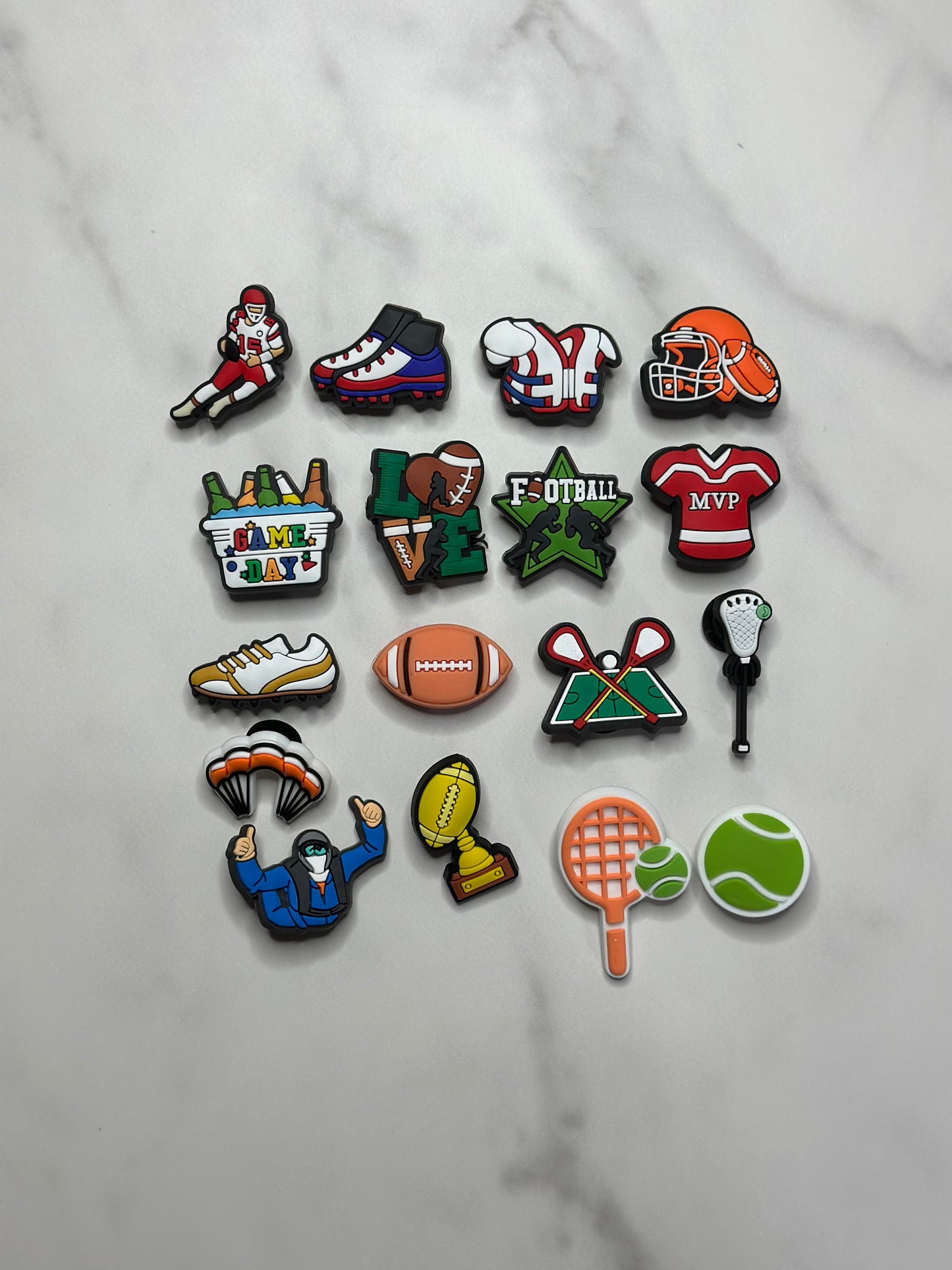 Football Croc compatible charms, lacrosse charms, Tennis charms, Parachuting and skydiving shoe charms for Crocs