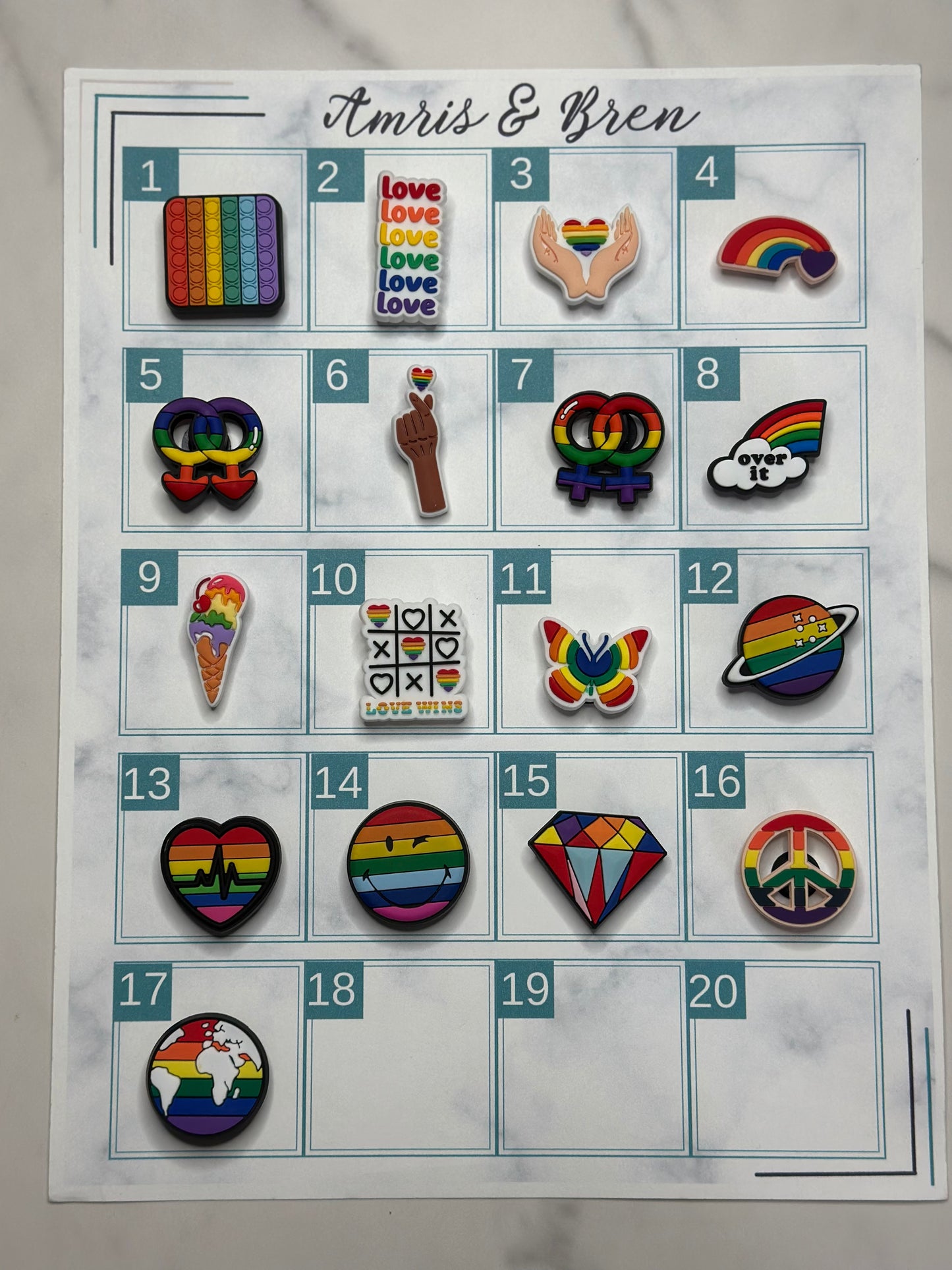 Rainbow themed pride charms for Crocs, Croc compatible LGBTQ charms