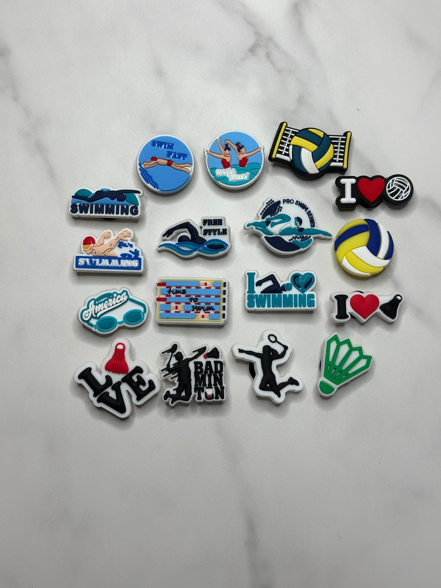 Swim themed shoe charms for Crocs, Croc compatible volleyball charms, badminton charms