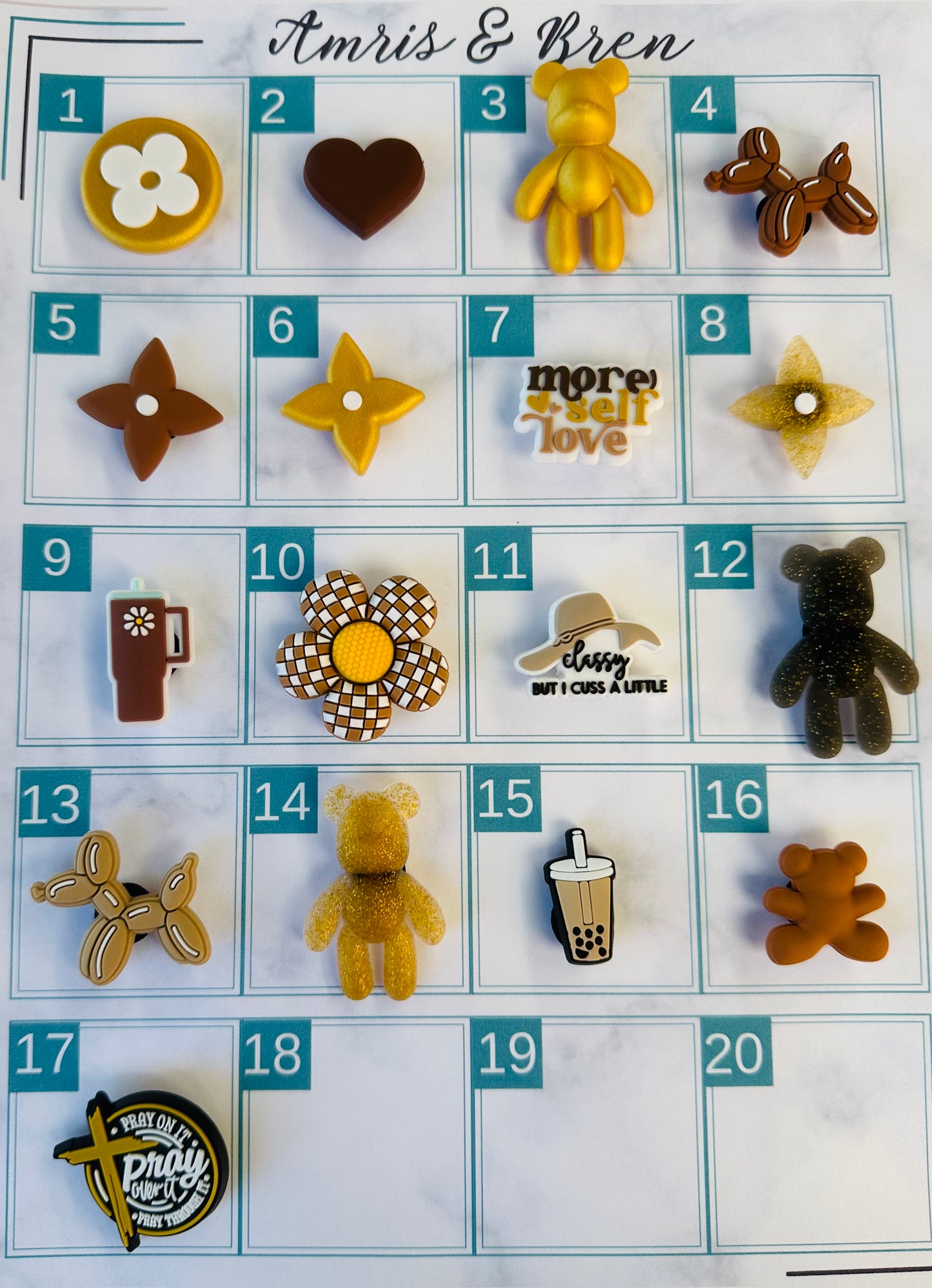 Gold and Brown Croc compatible Charms - Flowers, Balloon Animal, Hearts & More