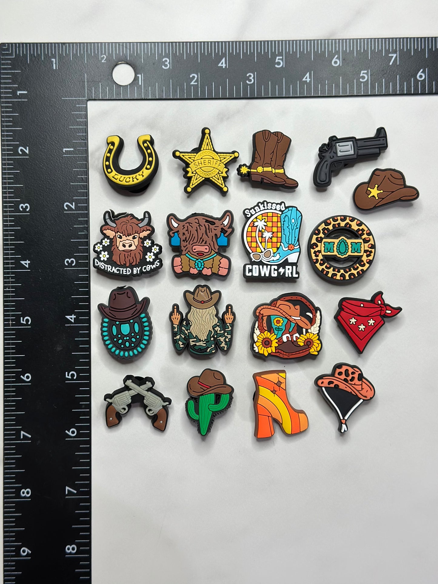 Western cowgirl themed shoe charms, Cowboy Croc compatible charms, cow shoe charms for Crocs