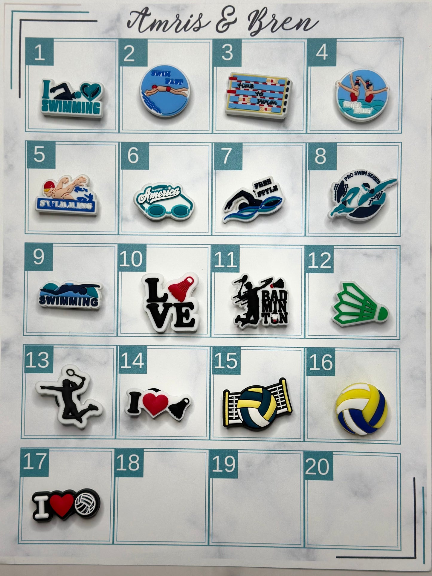 Swim themed shoe charms for Crocs, Croc compatible volleyball charms, badminton charms