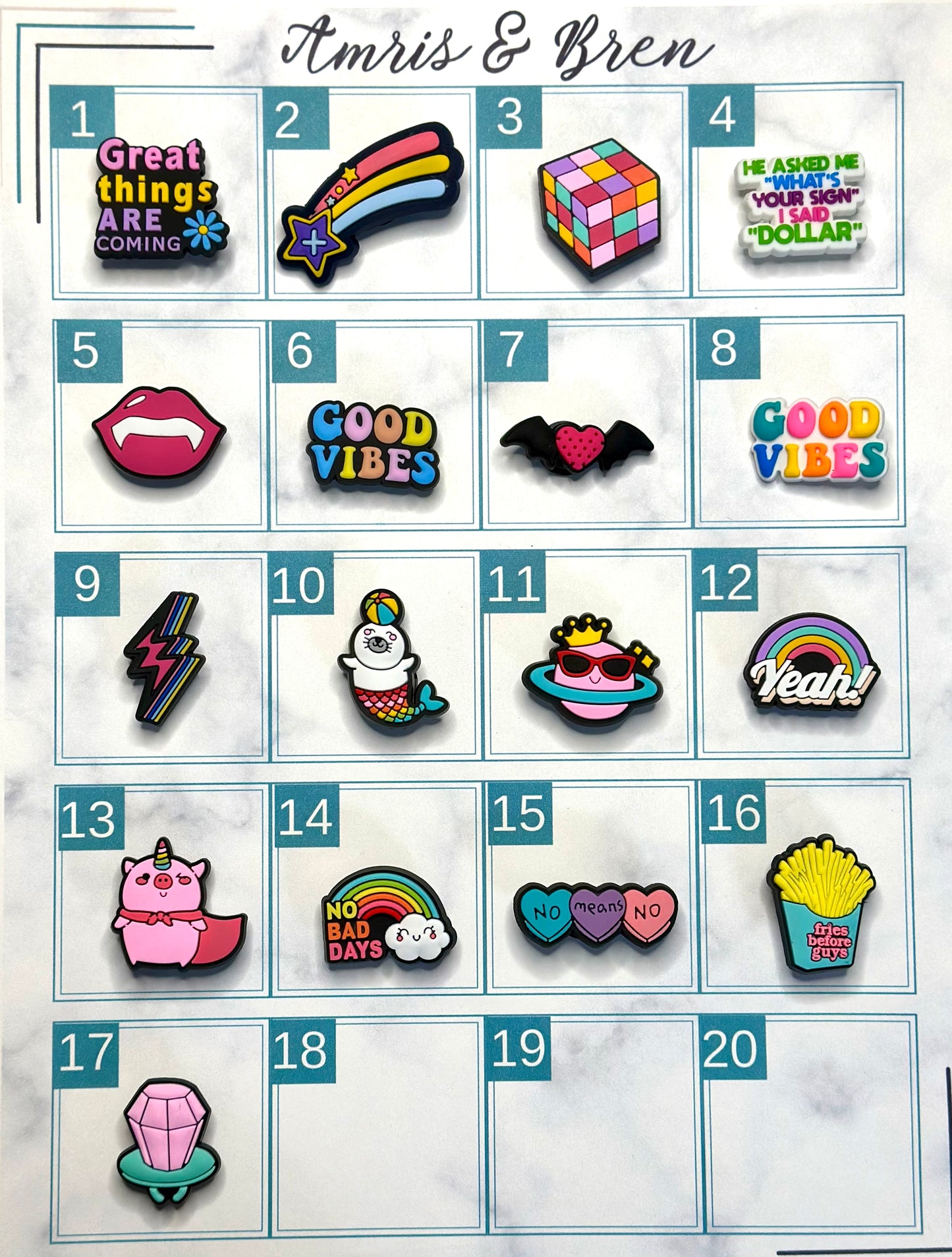 cute bright colored charms for Crocs, Croc compatible charms for clogs, positive charms