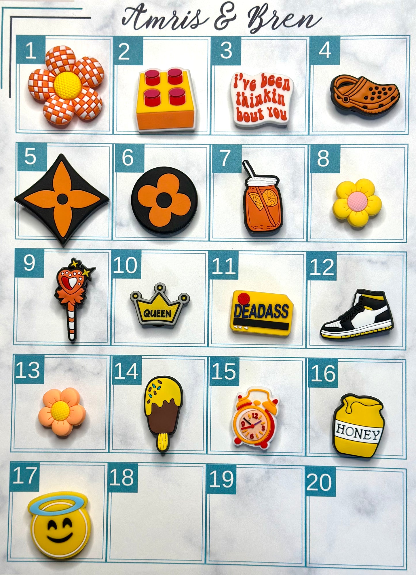 Yellow and Orange themed shoe charms for Crocs, Croc compatible shoe charms