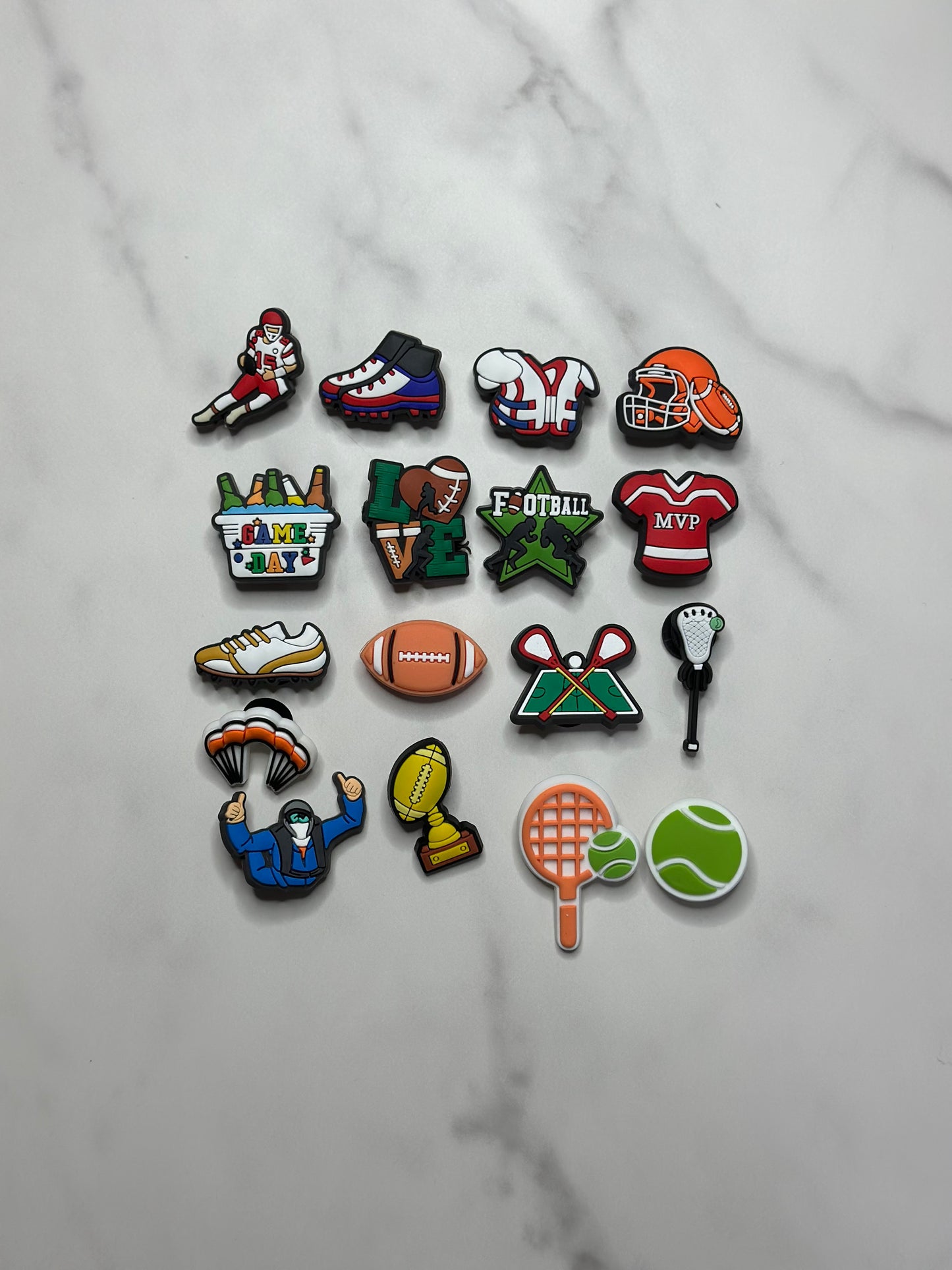 Football Croc compatible charms, lacrosse charms, Tennis charms, Parachuting and skydiving shoe charms for Crocs