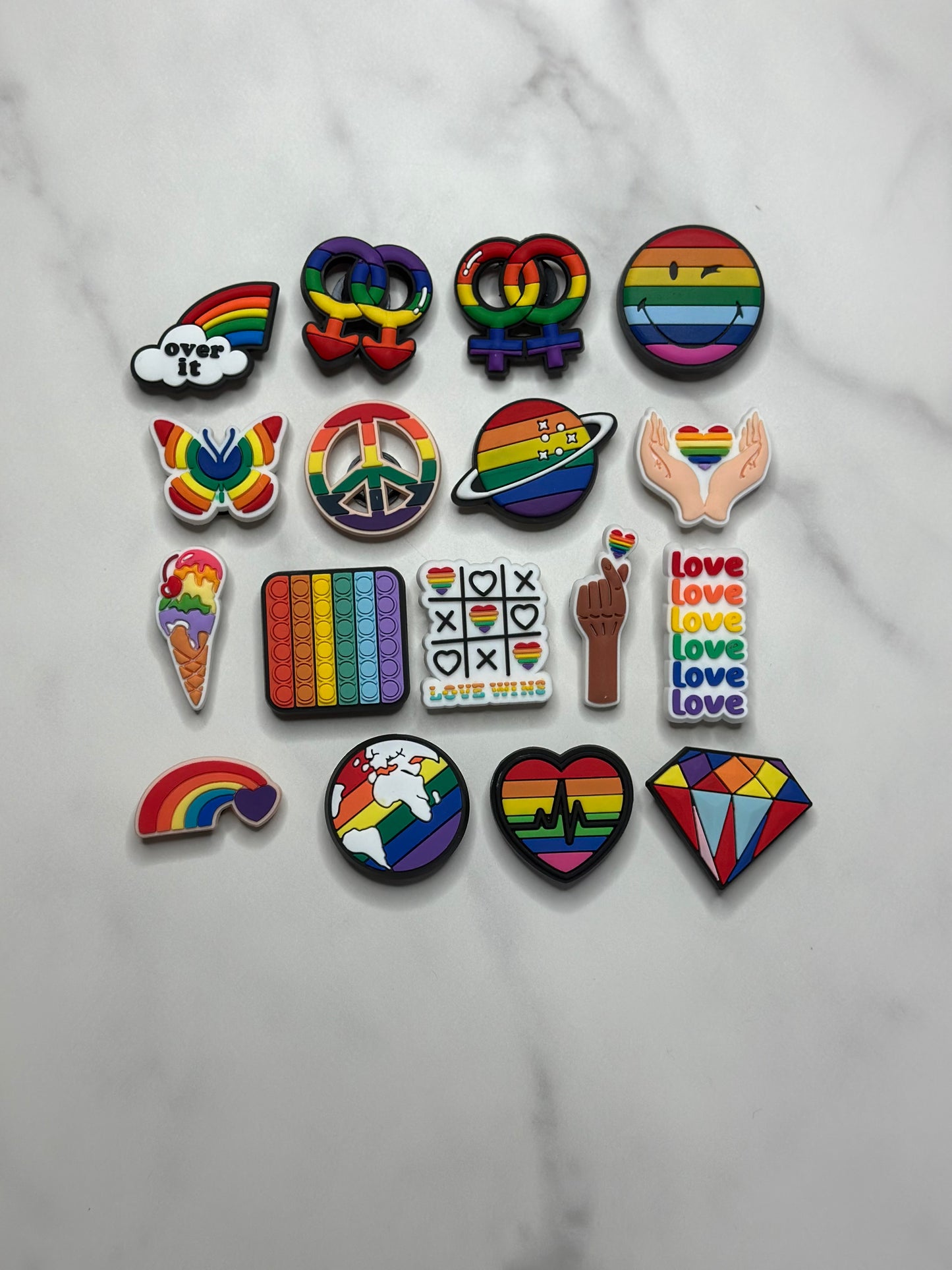 Rainbow themed pride charms for Crocs, Croc compatible LGBTQ charms
