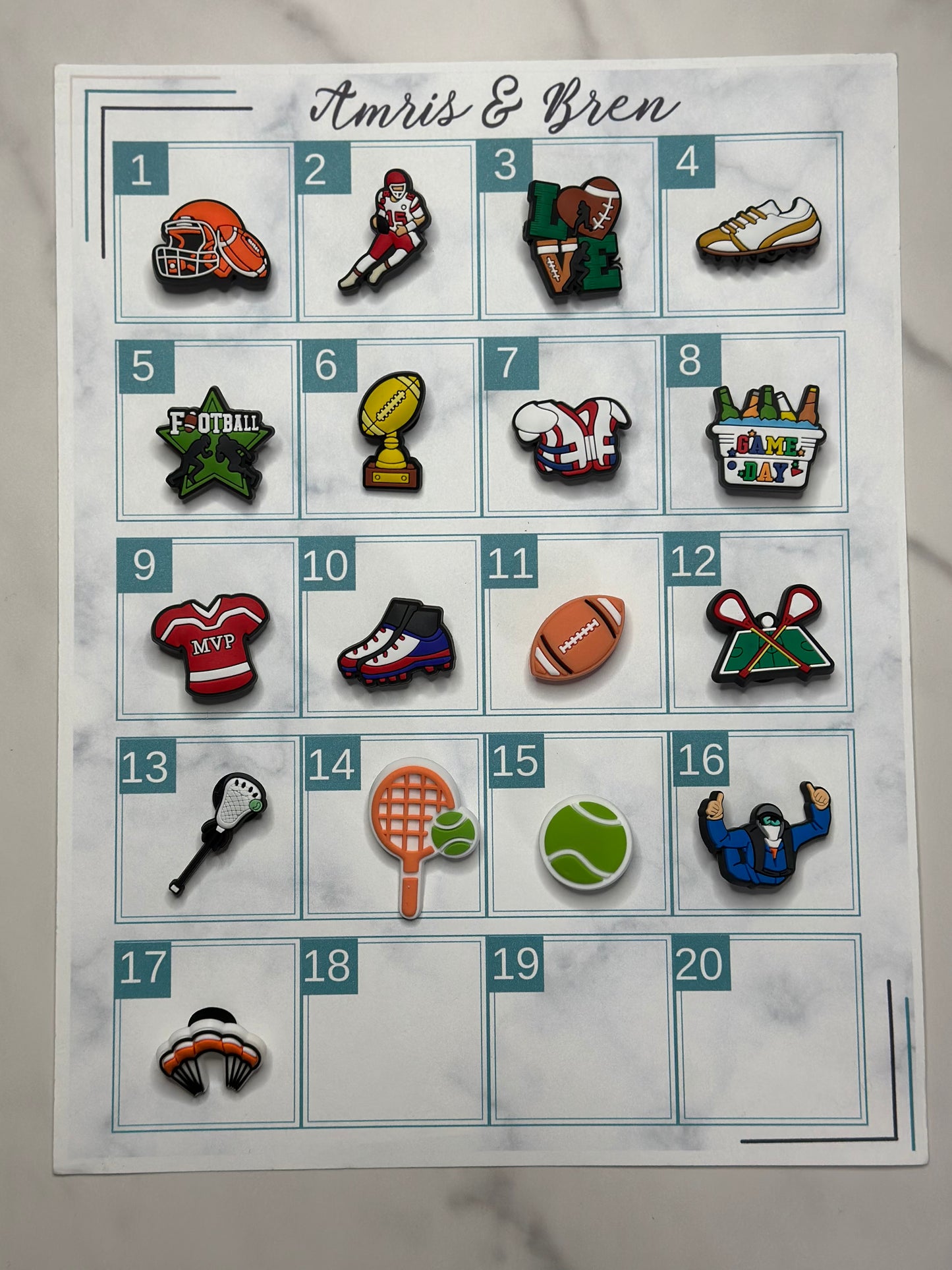 Football Croc compatible charms, lacrosse charms, Tennis charms, Parachuting and skydiving shoe charms for Crocs