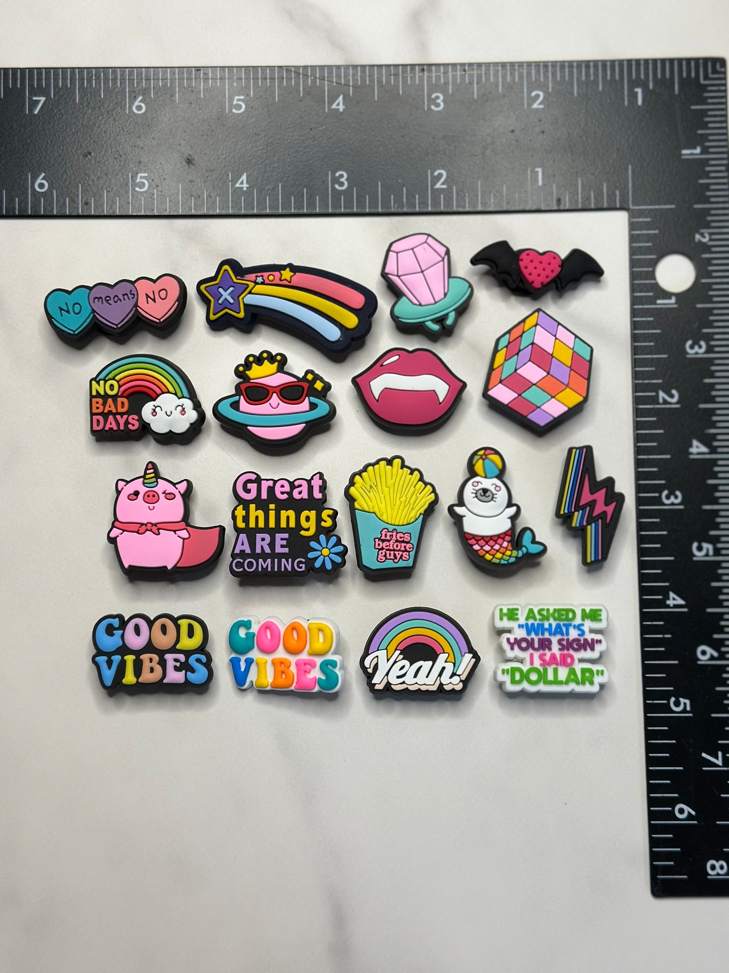 cute bright colored charms for Crocs, Croc compatible charms for clogs, positive charms