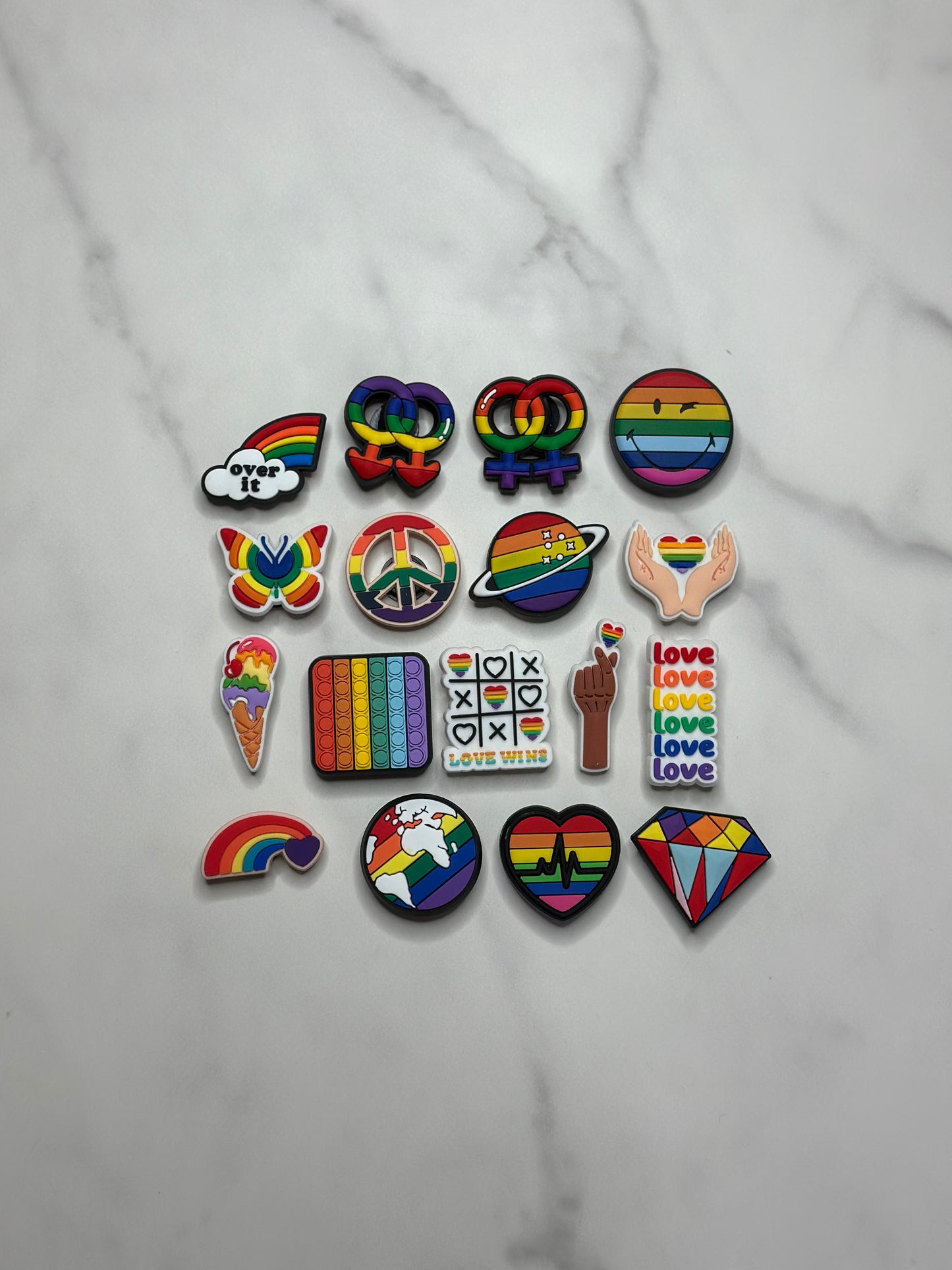 Rainbow themed pride charms for Crocs, Croc compatible LGBTQ charms