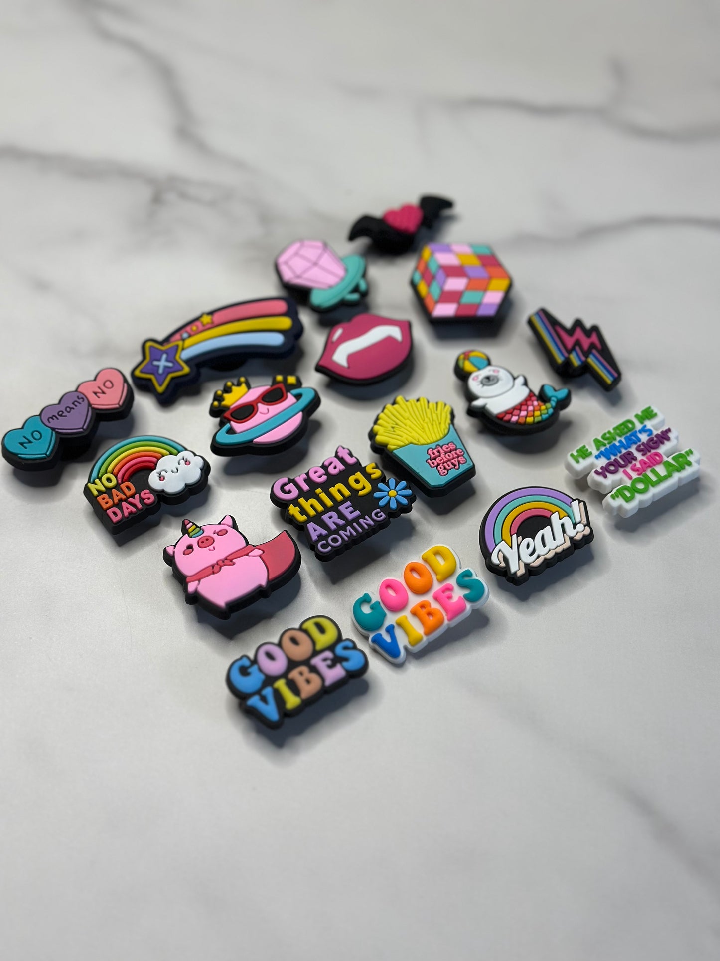 cute bright colored charms for Crocs, Croc compatible charms for clogs, positive charms