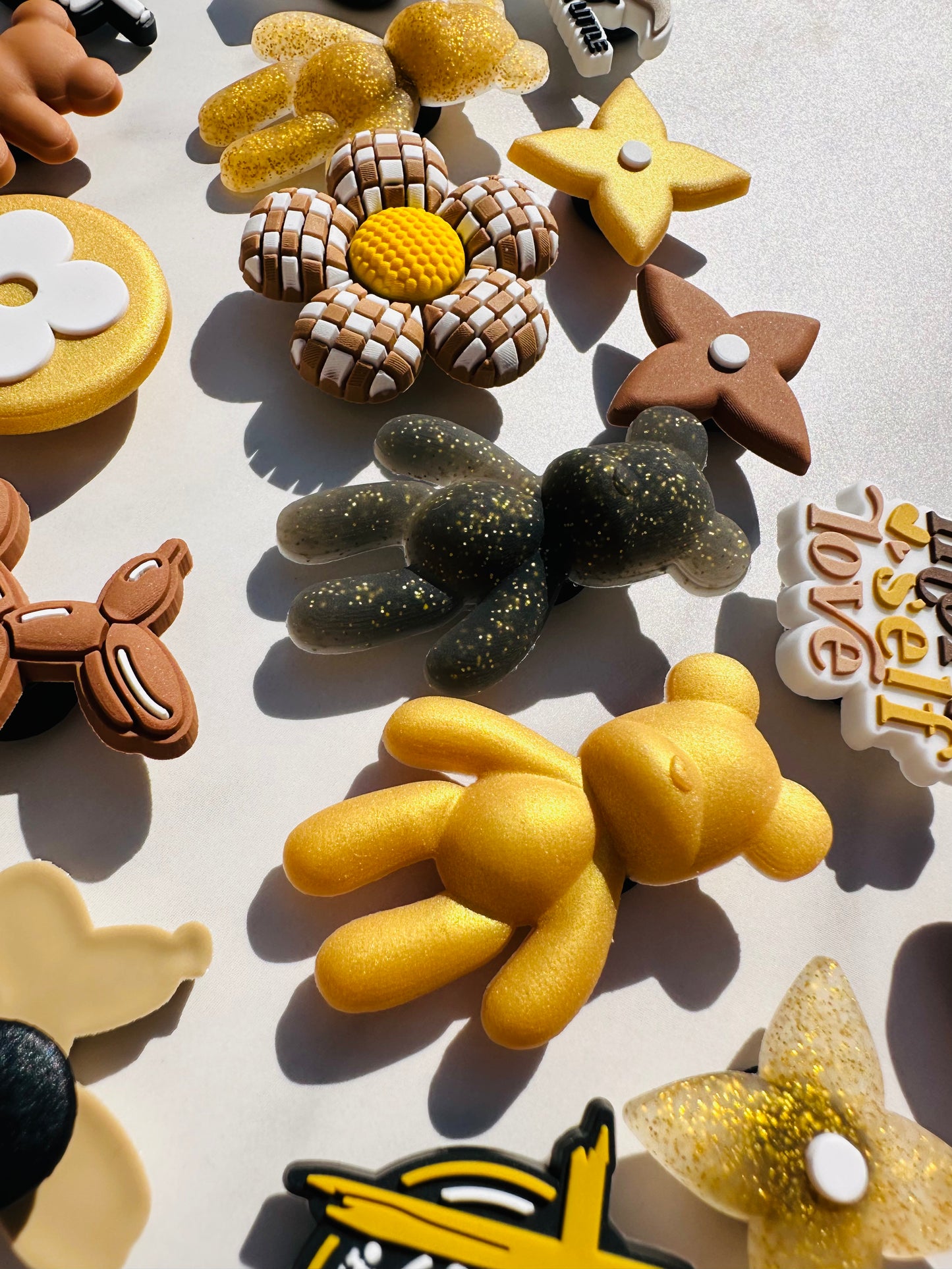 Gold and Brown Croc compatible Charms - Flowers, Balloon Animal, Hearts & More