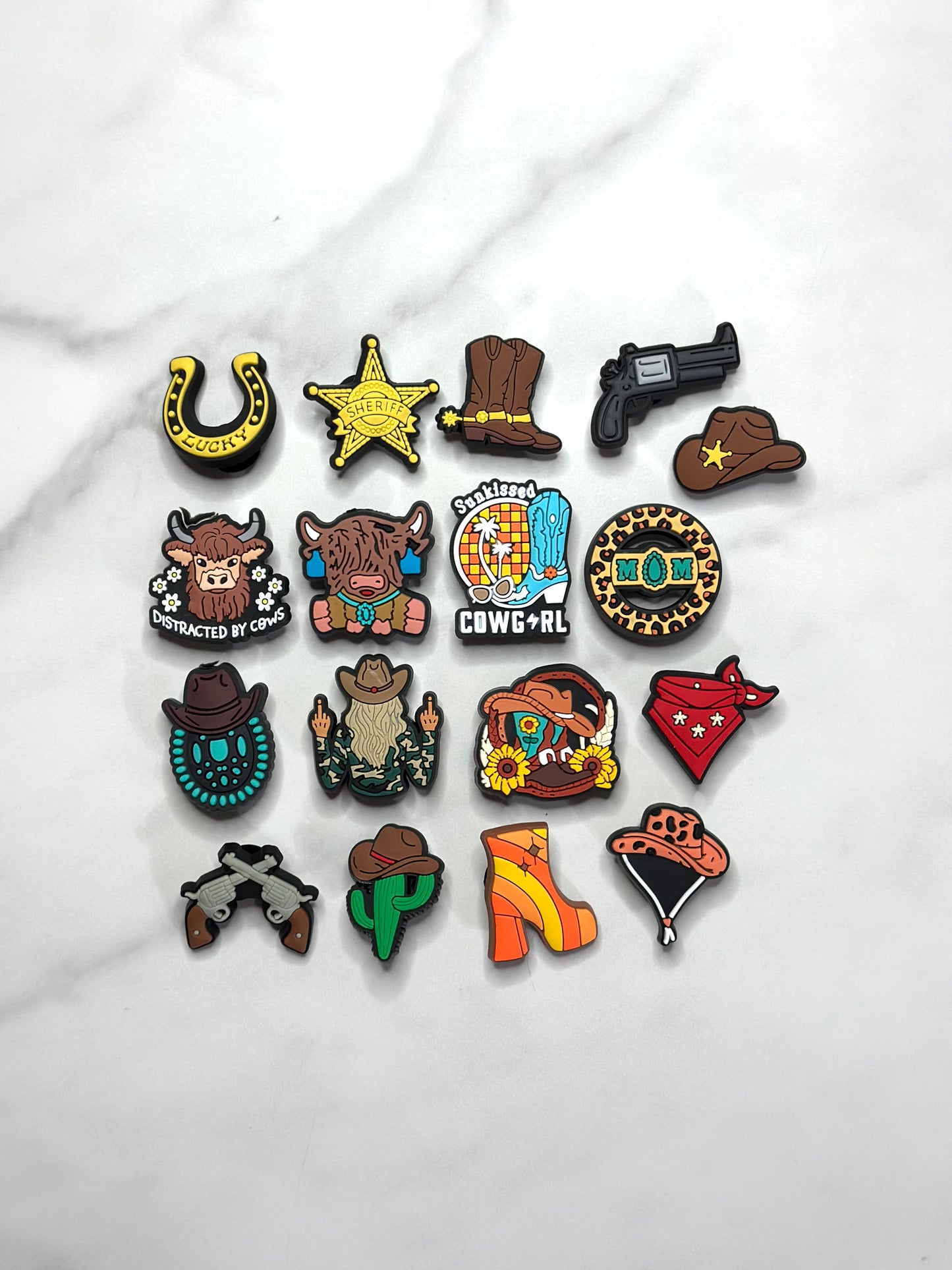 Western cowgirl themed shoe charms, Cowboy Croc compatible charms, cow shoe charms for Crocs