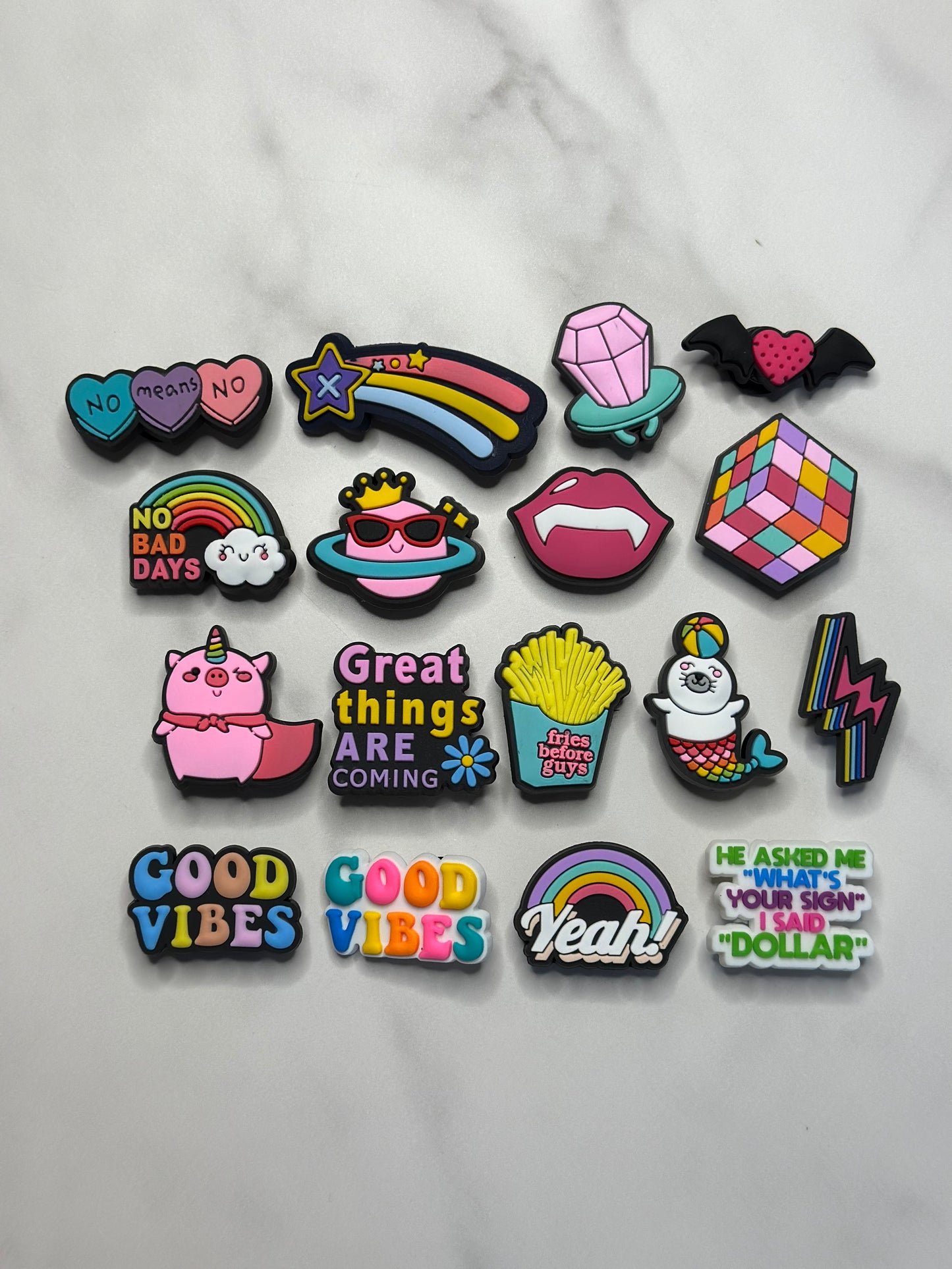 cute bright colored charms for Crocs, Croc compatible charms for clogs, positive charms