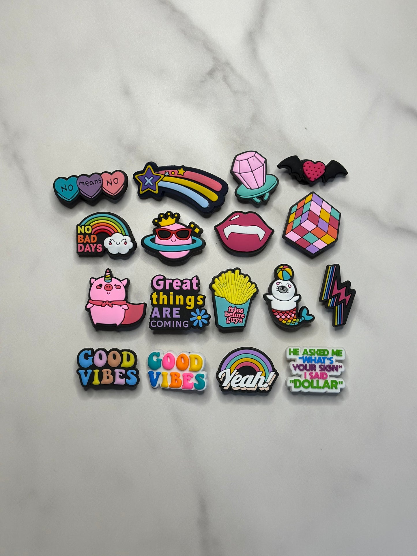 cute bright colored charms for Crocs, Croc compatible charms for clogs, positive charms