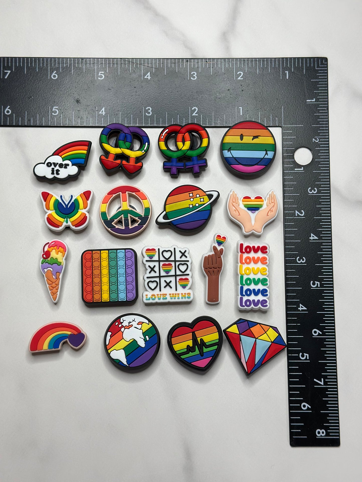 Rainbow themed pride charms for Crocs, Croc compatible LGBTQ charms