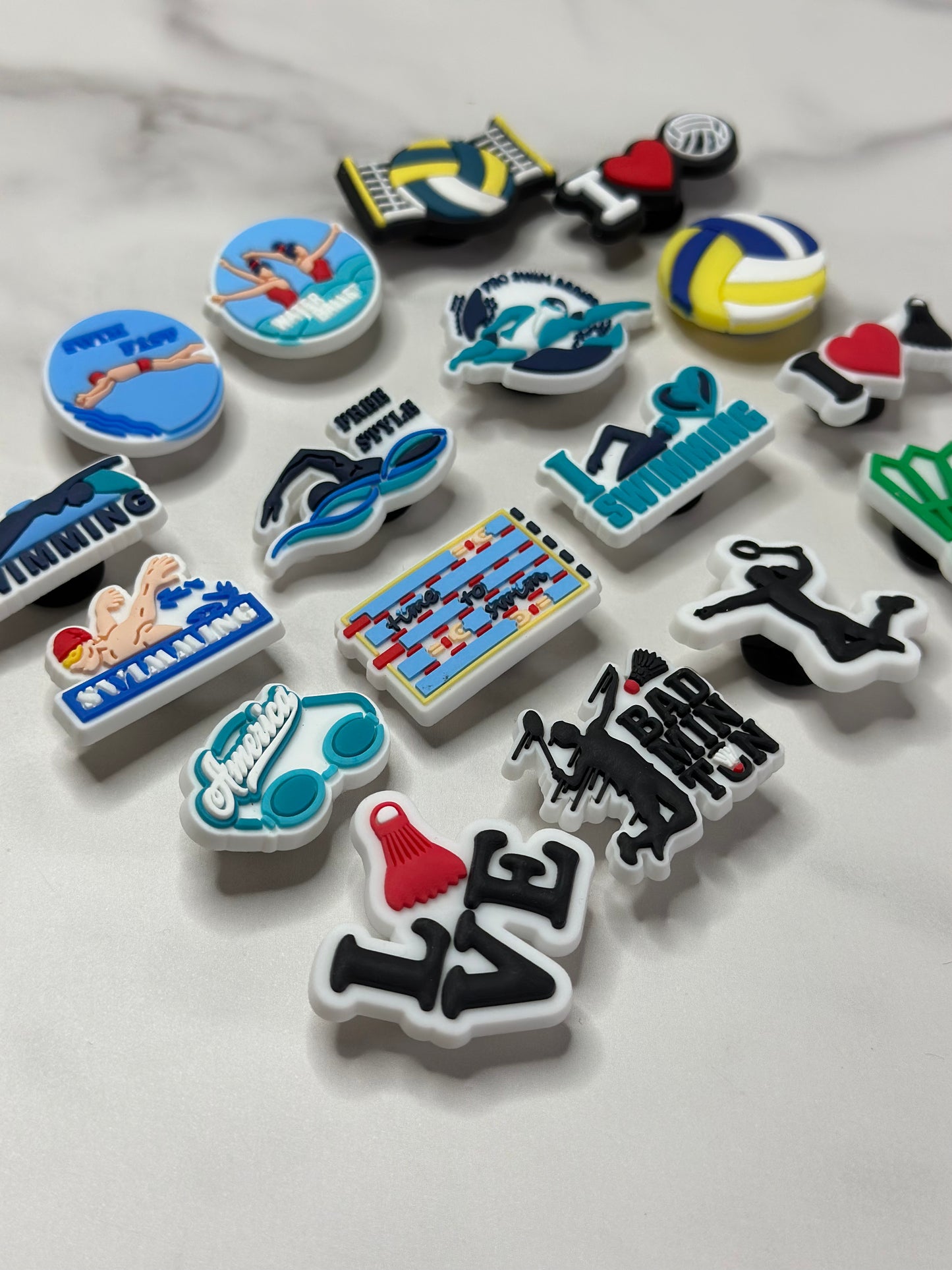 Swim themed shoe charms for Crocs, Croc compatible volleyball charms, badminton charms