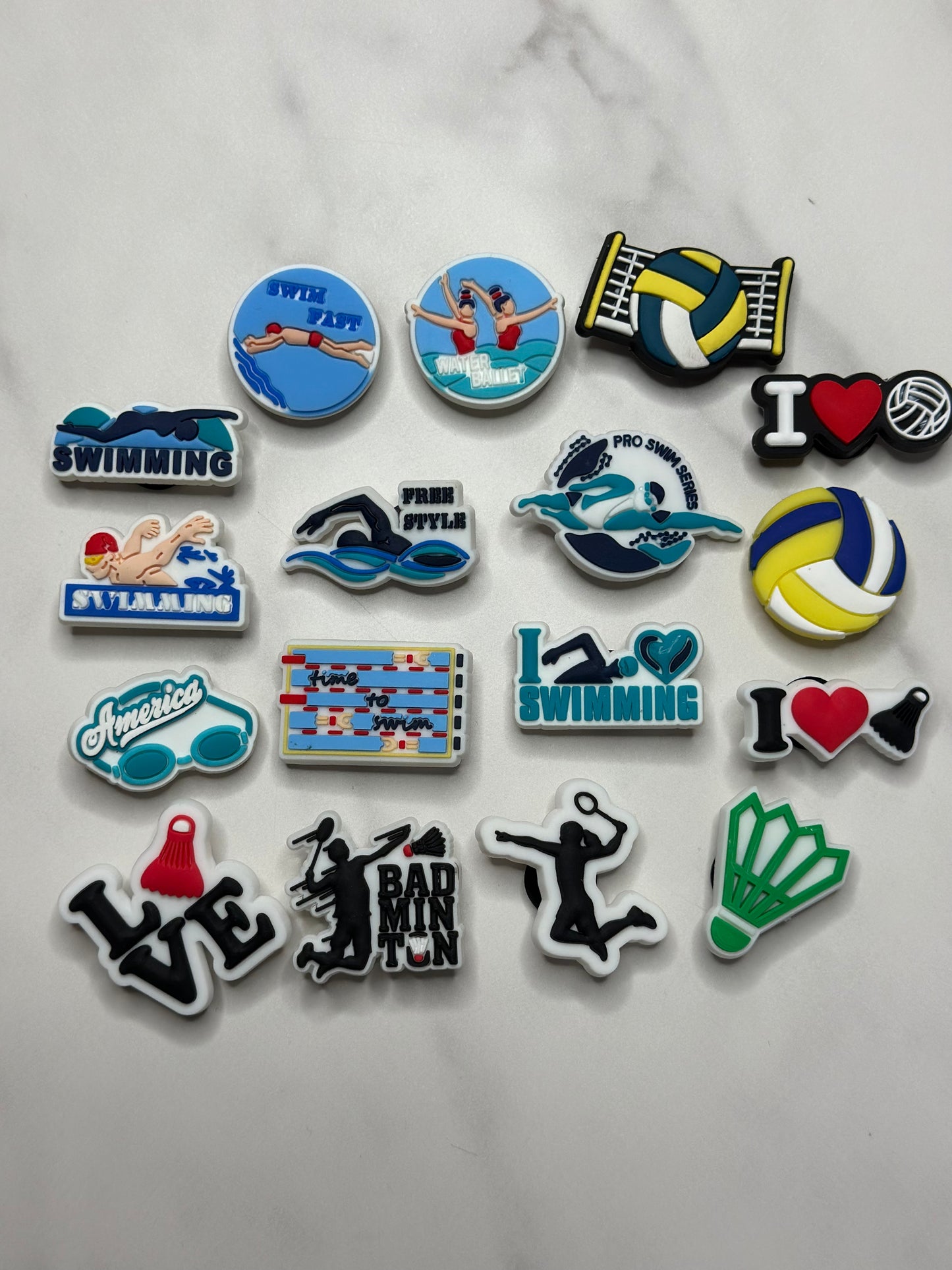 Swim themed shoe charms for Crocs, Croc compatible volleyball charms, badminton charms