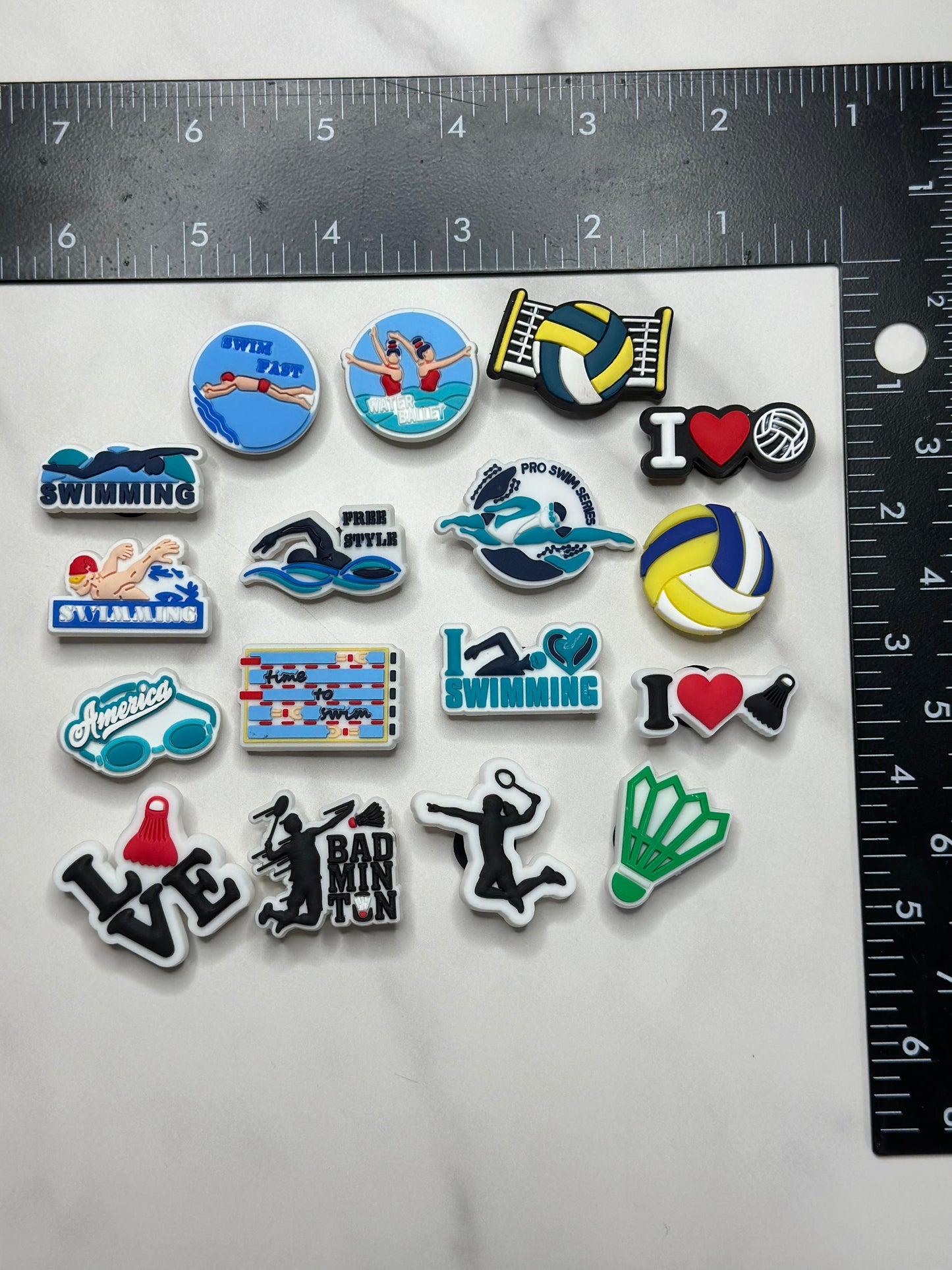 Swim themed shoe charms for Crocs, Croc compatible volleyball charms, badminton charms