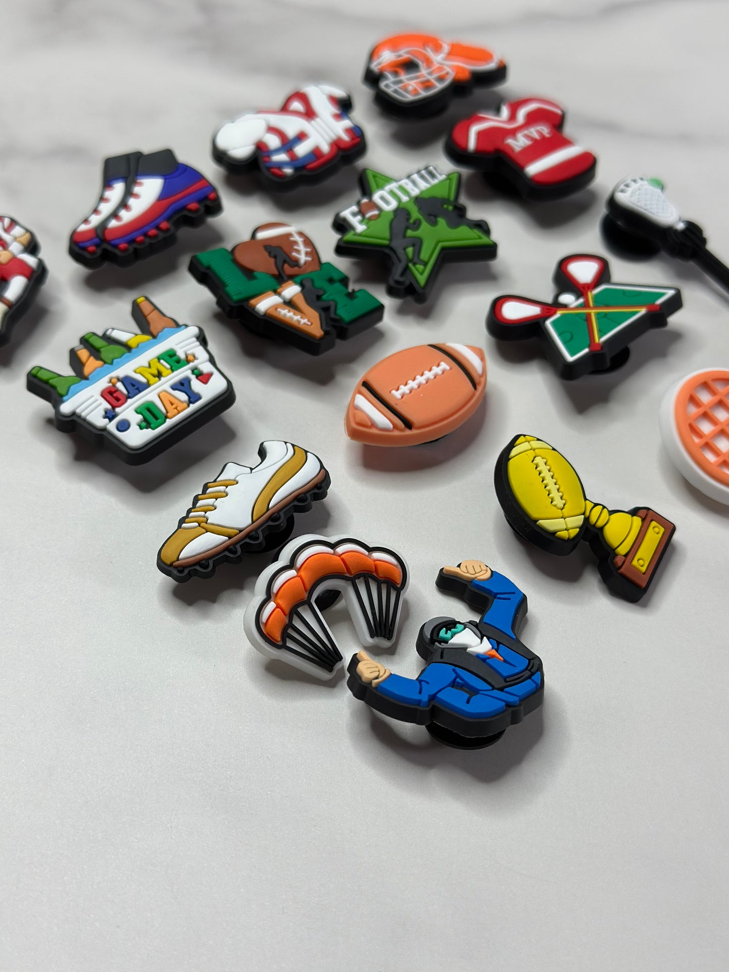 Football Croc compatible charms, lacrosse charms, Tennis charms, Parachuting and skydiving shoe charms for Crocs
