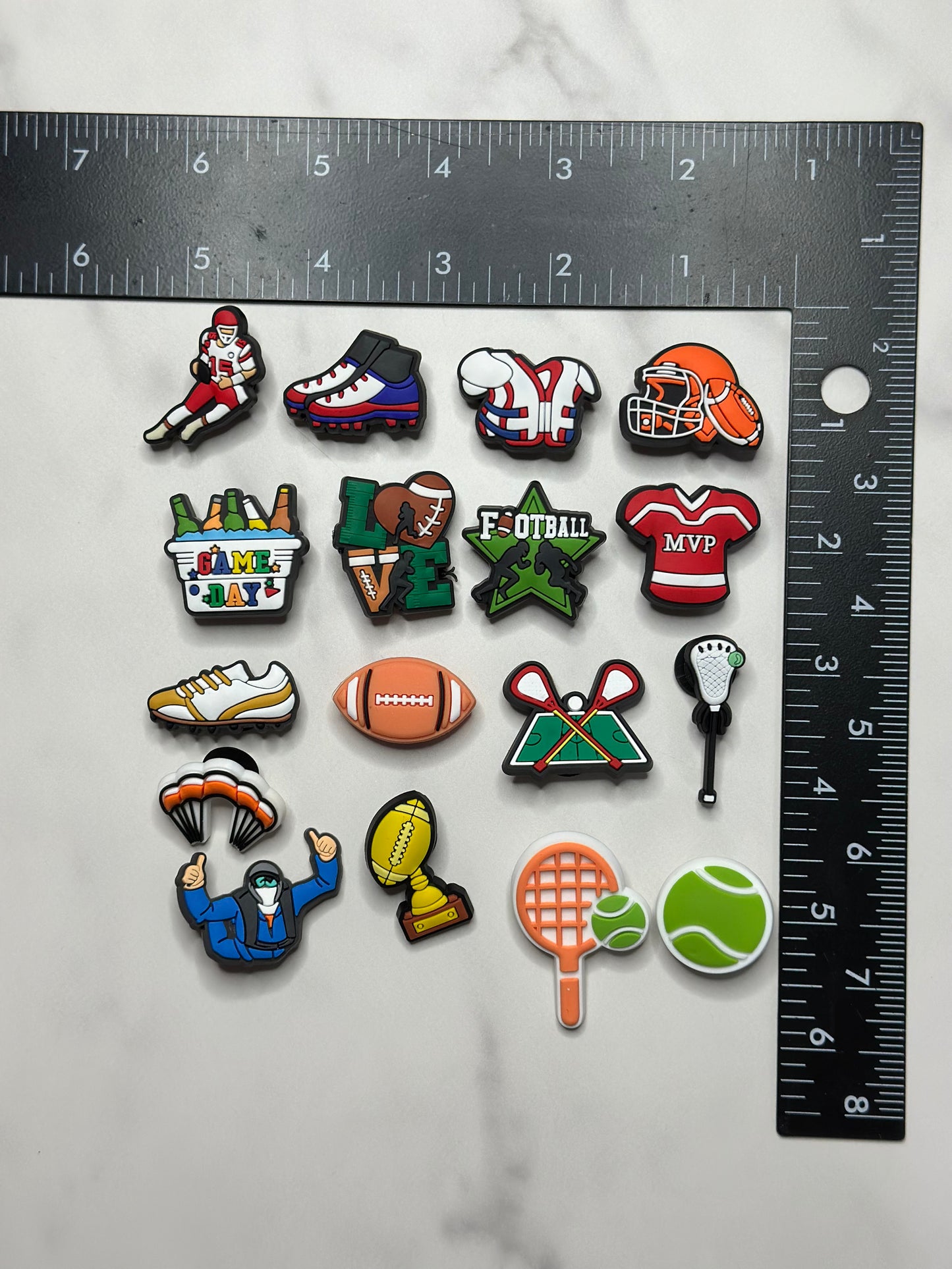 Football Croc compatible charms, lacrosse charms, Tennis charms, Parachuting and skydiving shoe charms for Crocs