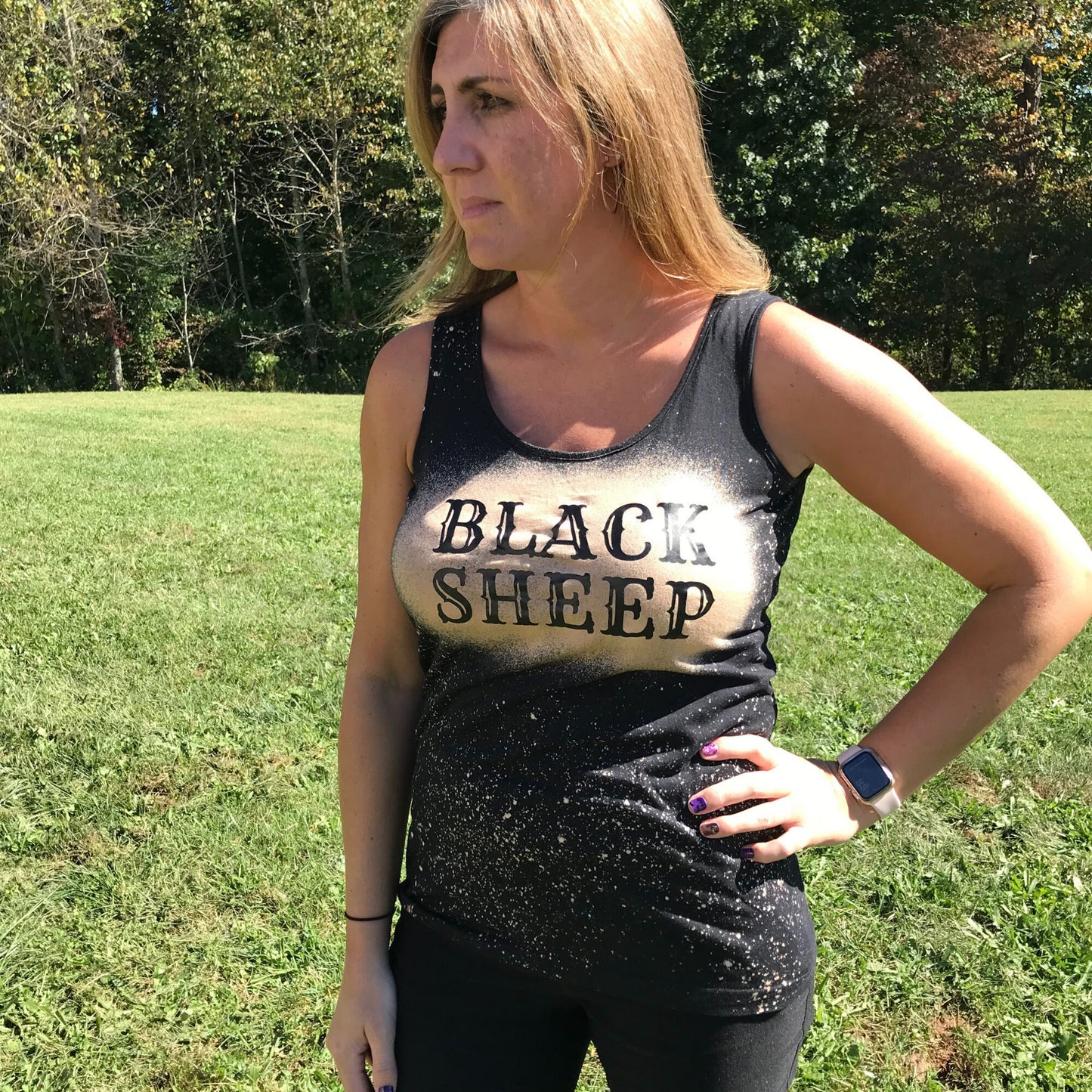 Women's black distressed and bleached tank top, Women's size large black sheep tank top, Perfect gift for the black sheep of the family