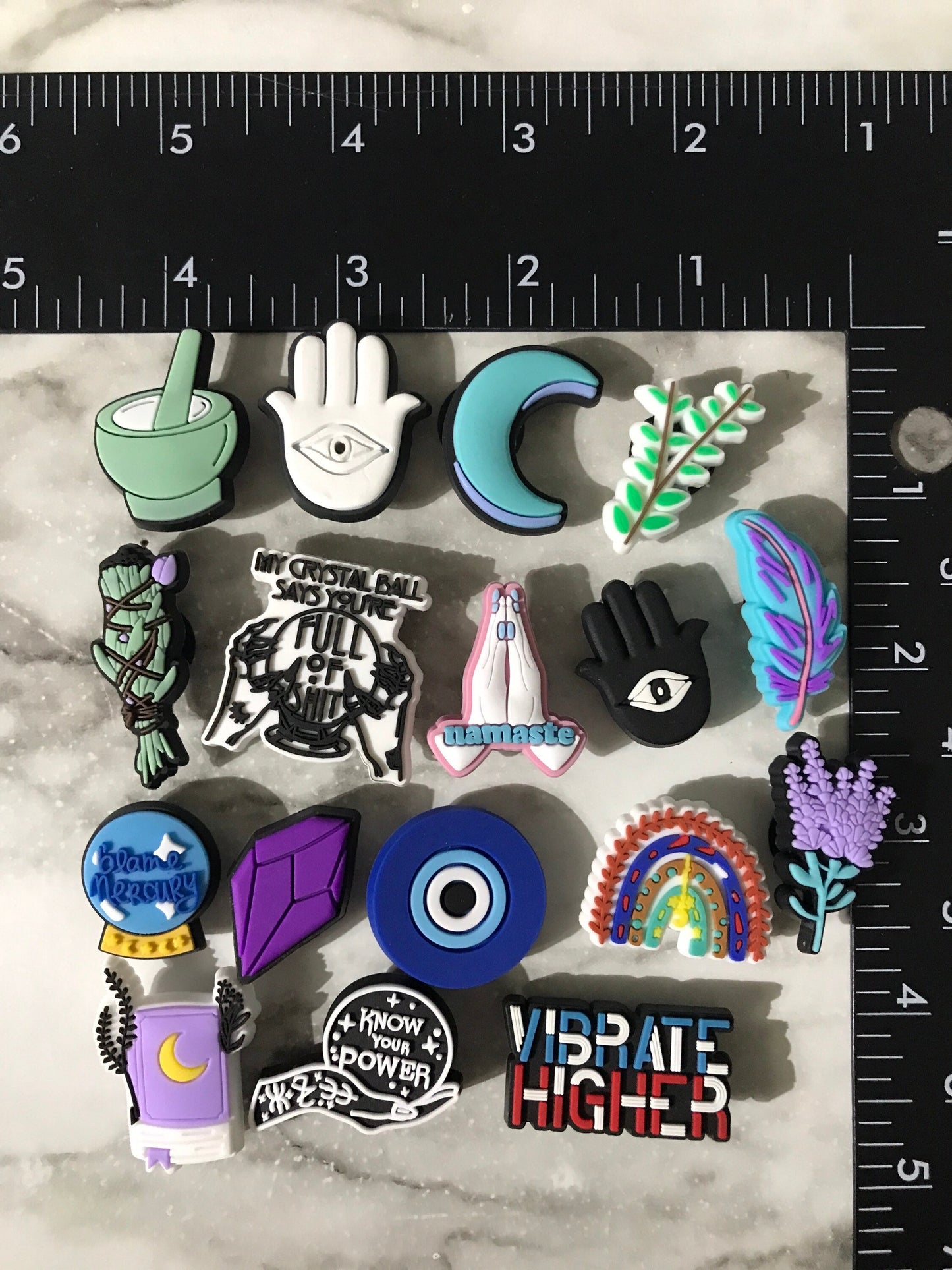 New popular manifestation charms for your crocs, trending evil eye croc compatible charms, sage, crystal, vibrate higher, know your power