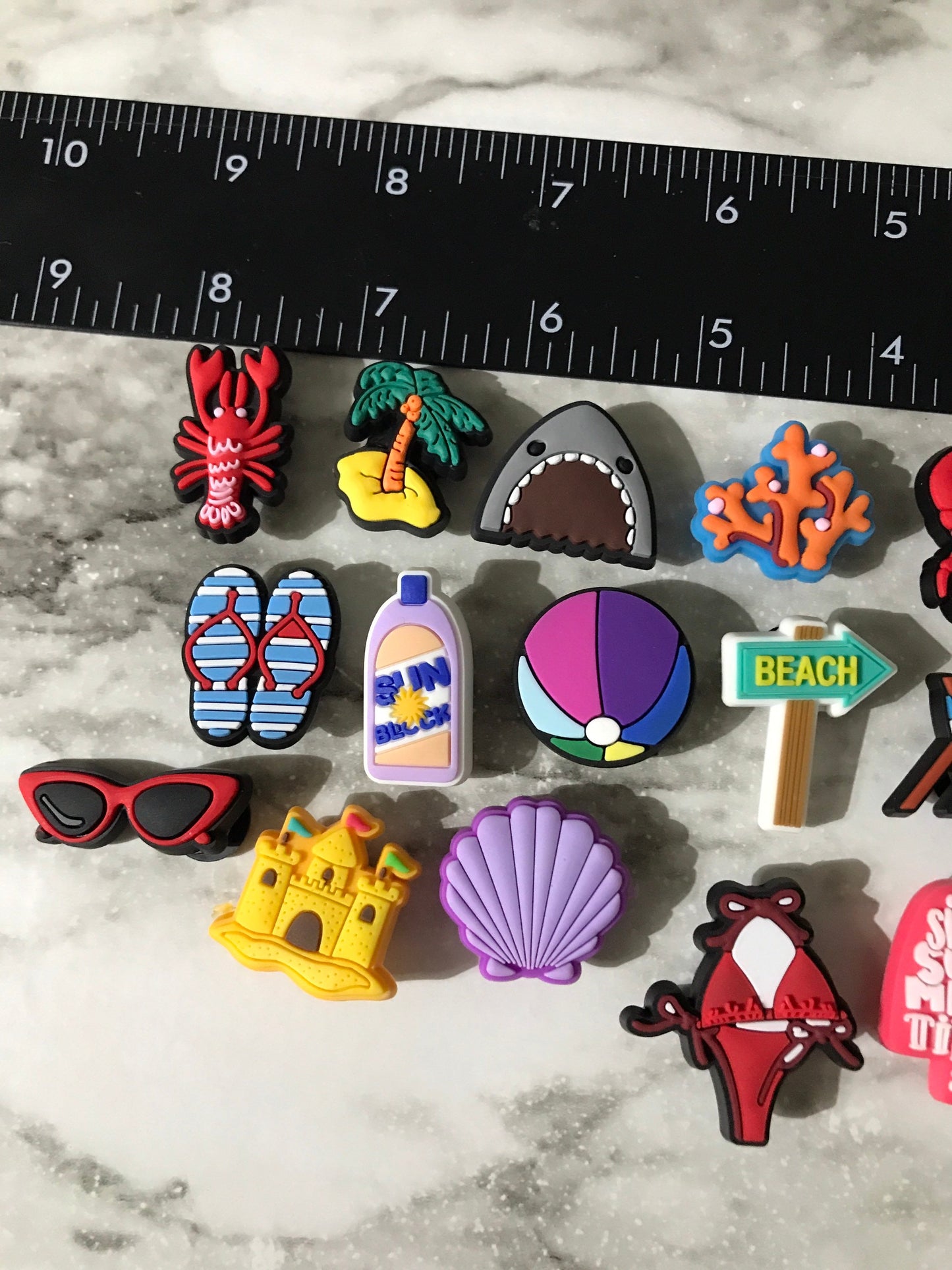 New trending summer and beach themed shoe charms for your crocs, beach shoe charms, popular summer charms, swimsuit charm, seashell charms