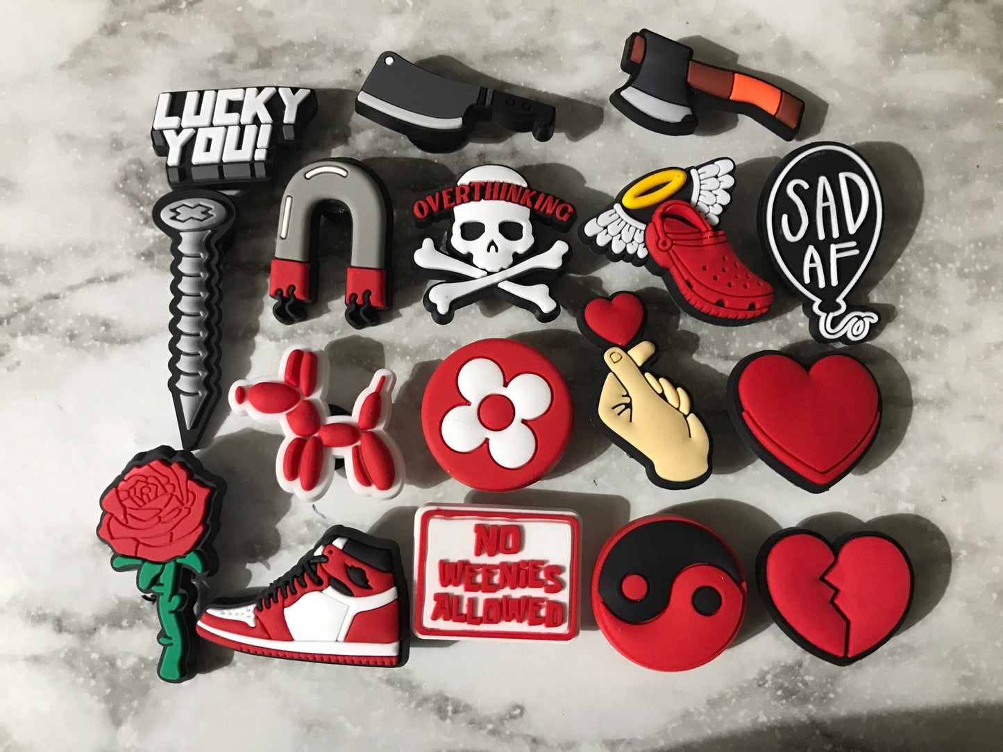 New Red and black Croc compatible shoe charms, balloon animal charm, shoe charm, clog charm, rose charm, magnet charm, screw, clog charms