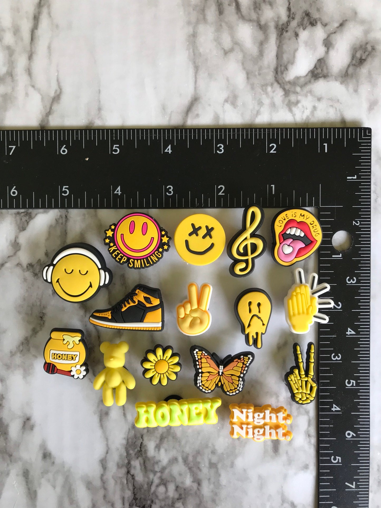 New popular yellow smiley face shoe charms for your crocs, Croc compatible shoe charms, trending charms for crocs