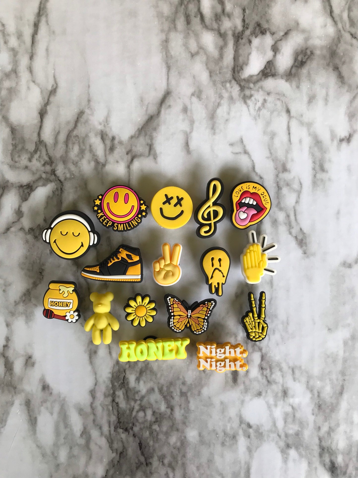 New popular yellow smiley face shoe charms for your crocs, Croc compatible shoe charms, trending charms for crocs