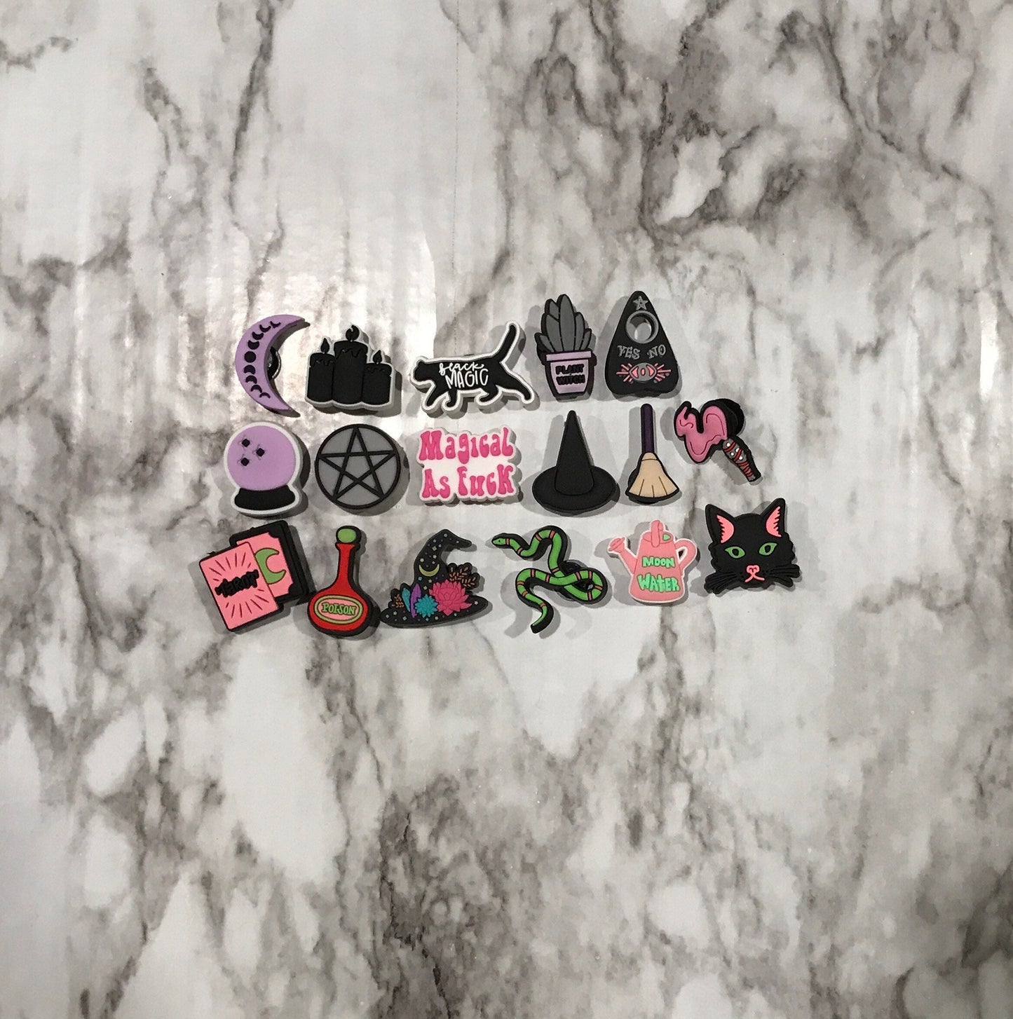 witch themed croc compatible shoe charms, trending magic clog charms, cute witch charms for crocs, moon water charms, moon charms, gems