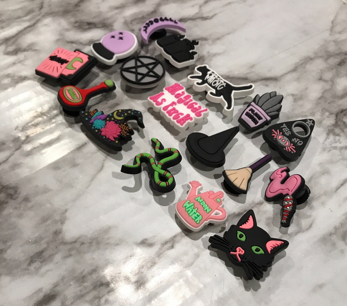 witch themed croc compatible shoe charms, trending magic clog charms, cute witch charms for crocs, moon water charms, moon charms, gems