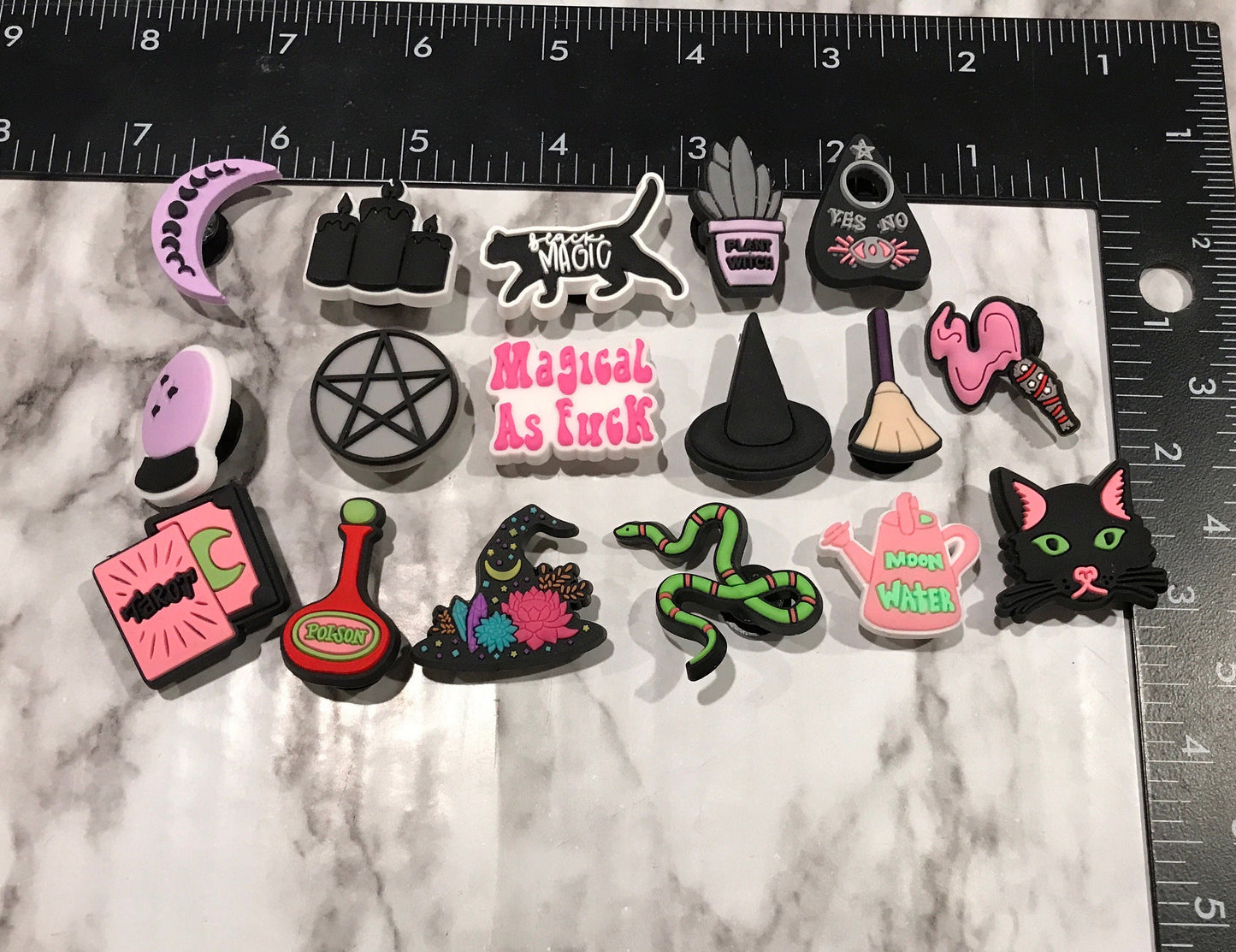 witch themed croc compatible shoe charms, trending magic clog charms, cute witch charms for crocs, moon water charms, moon charms, gems