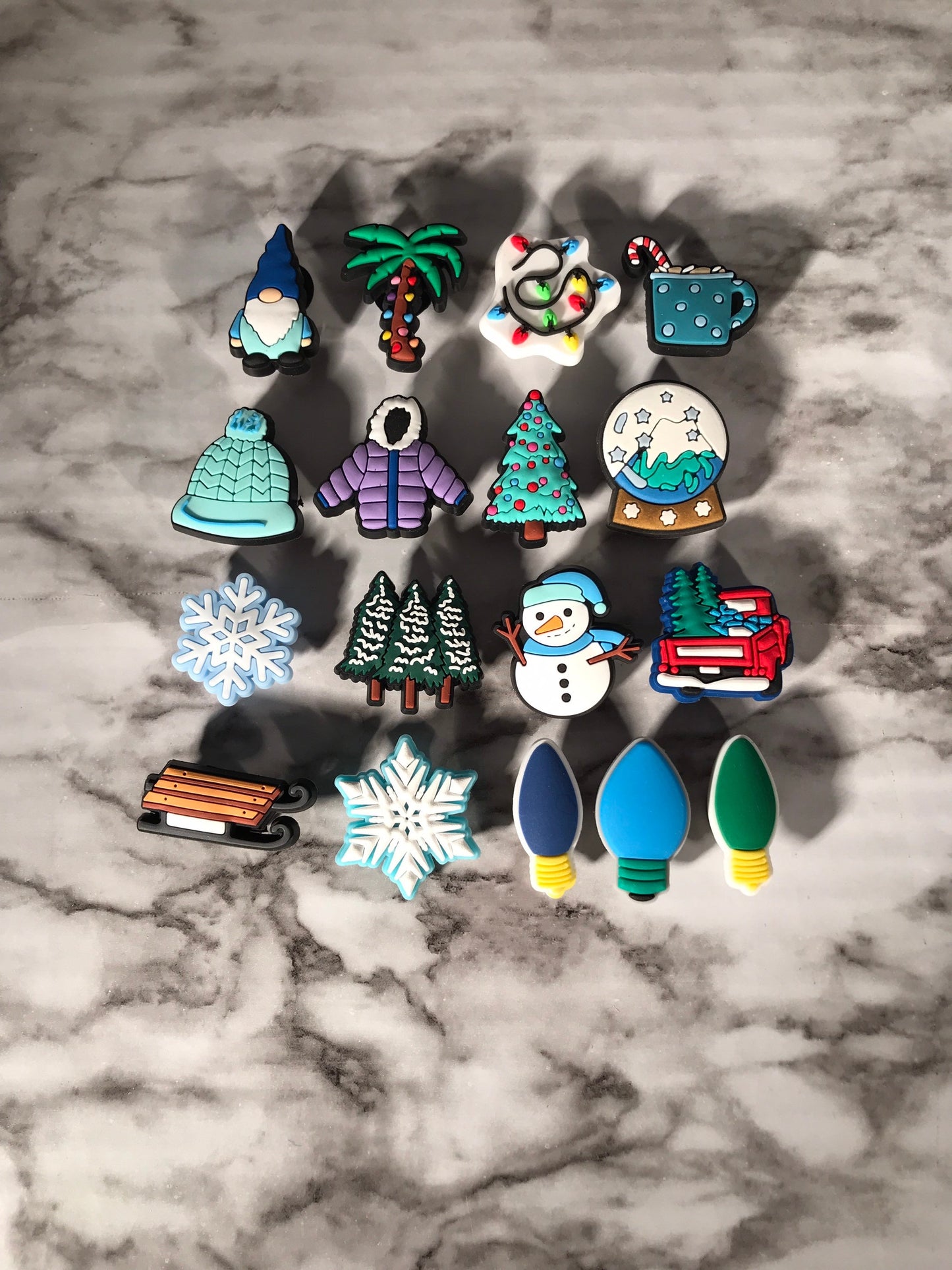 Winter shoe charms for your crocs, blue and green Christmas themed croc compatible charms